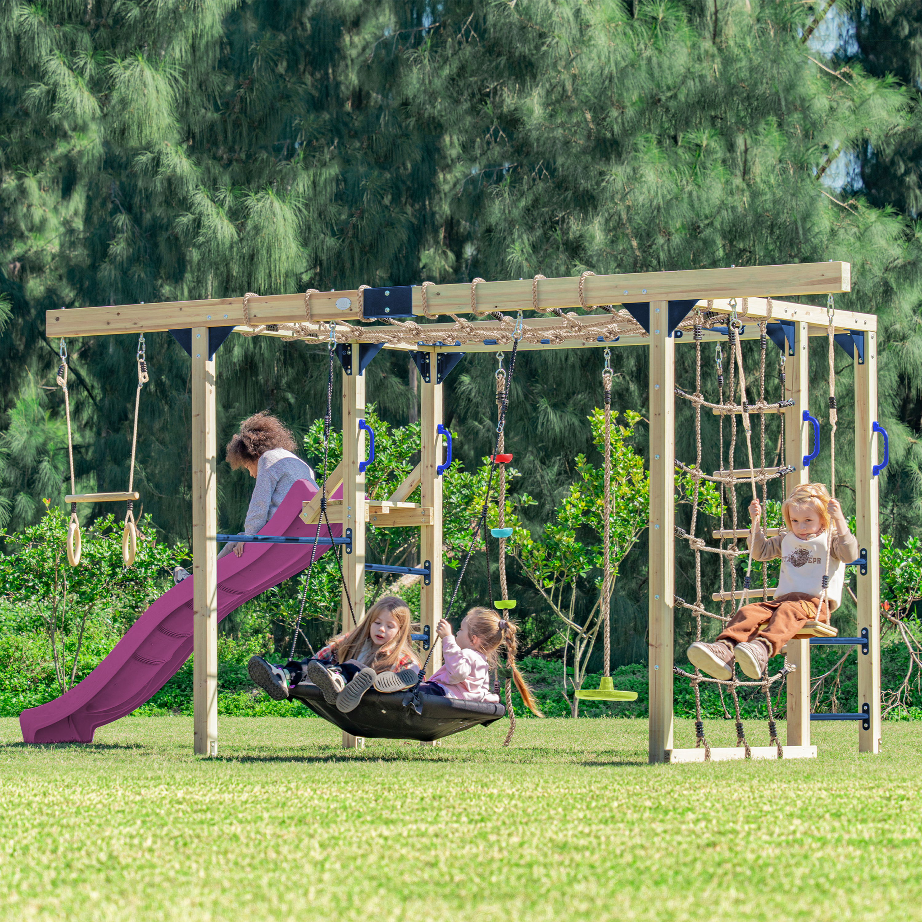 AXI Boris Wooden Playcentre with Swings. Trapeze. Climbing Nets and Monkey Bars – Purple Slide
