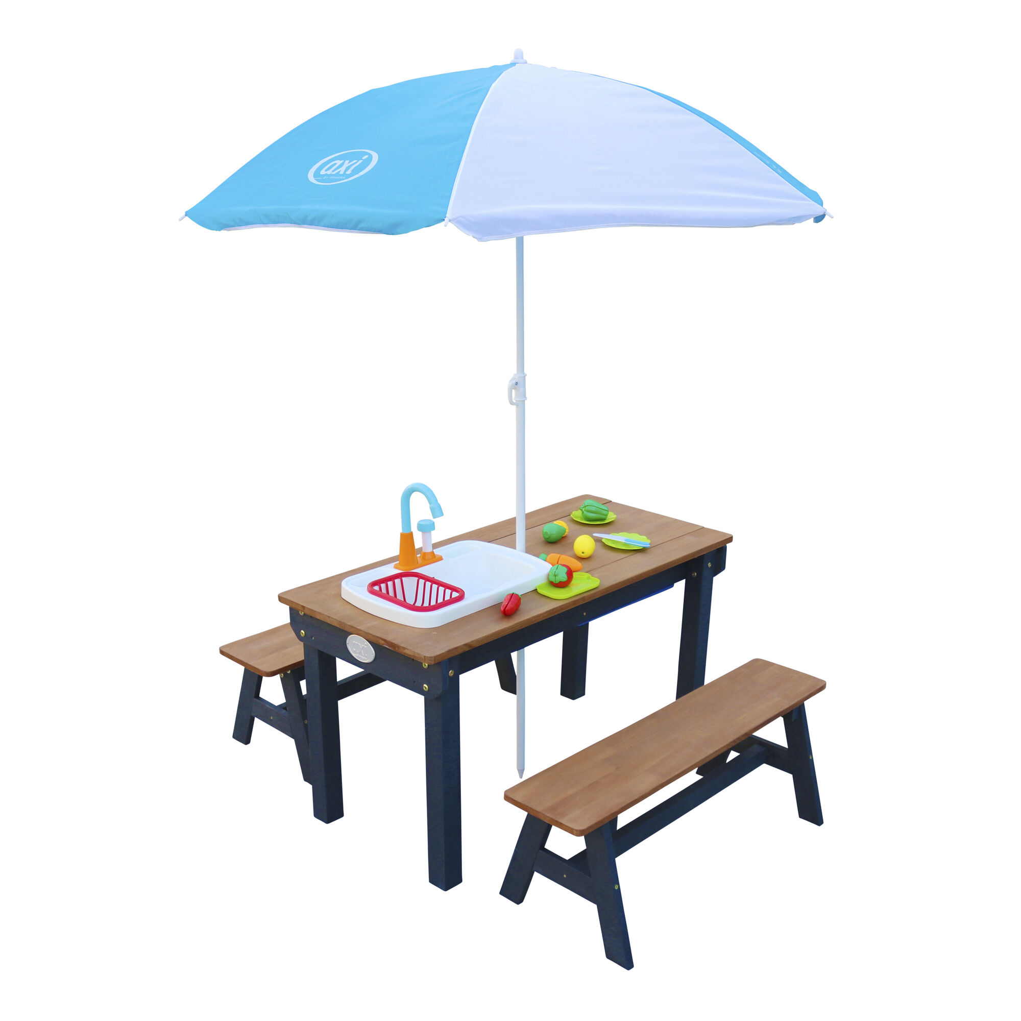 AXI Dennis Zand & Water Picknicktafel met Speelkeuken wastafel en losse bankjes Antraciet/bruin - Parasol Blauw/wit