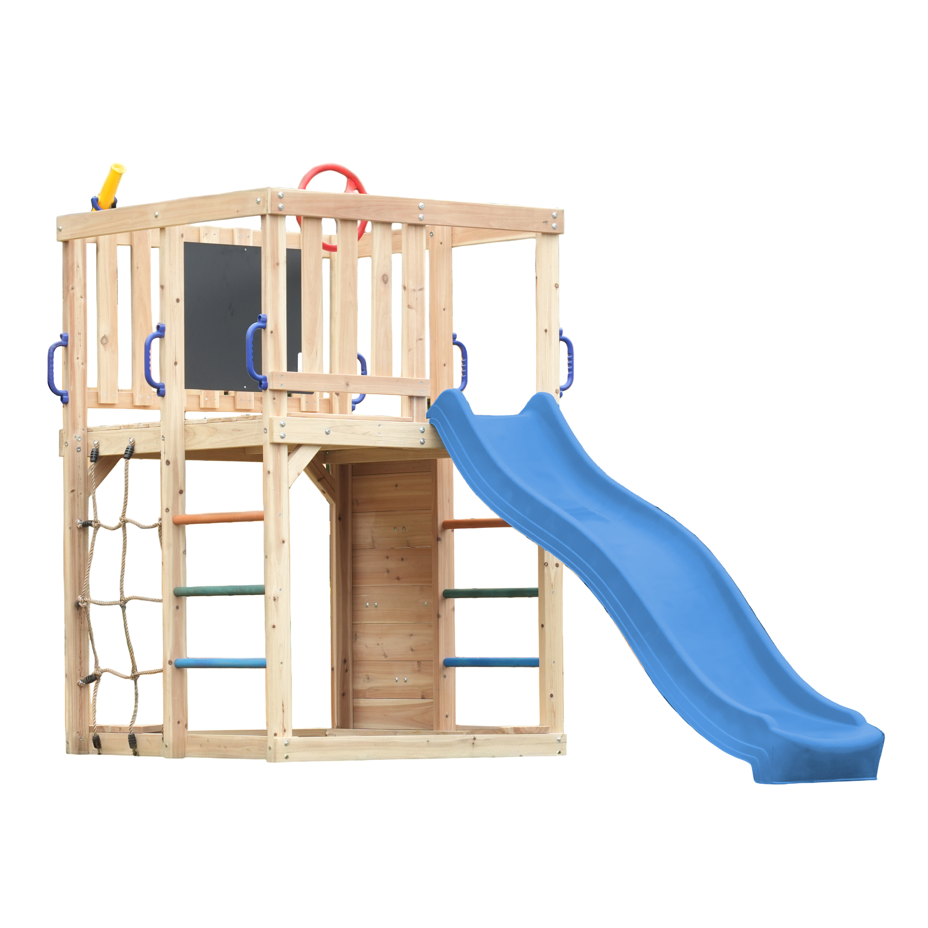 AXI Sam Climbing Frame with Climbing Wall, Climbing Net and Monkey Bars – Blue Slide