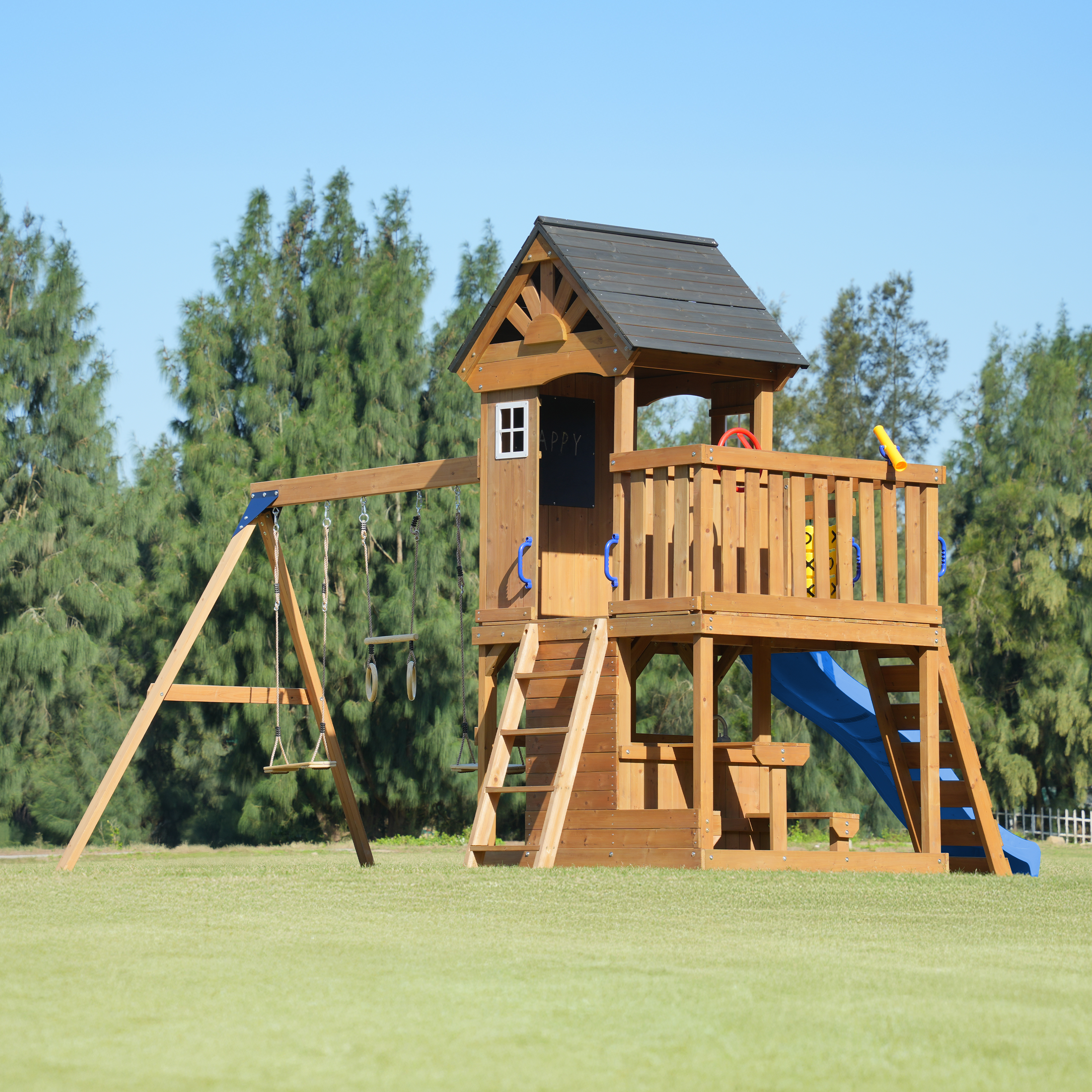 AXI Jack Climbing Frame with Double Swing and Trapeze – Blue Slide