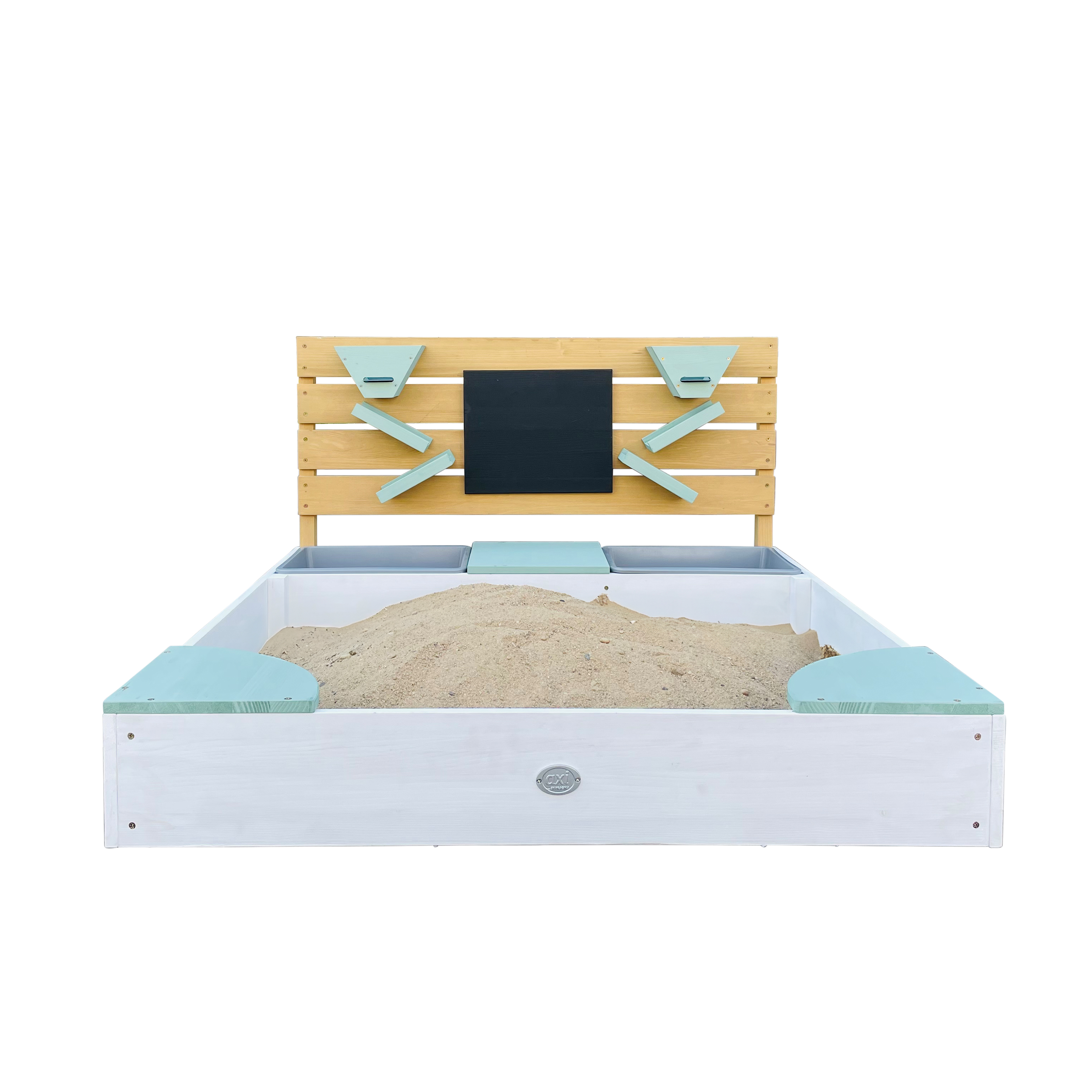 AXI Cato sandbox with sand & water trays and Play wall White/green-8720365064081 AXI Cato sandbox with sand & water trays and Play wall White/green