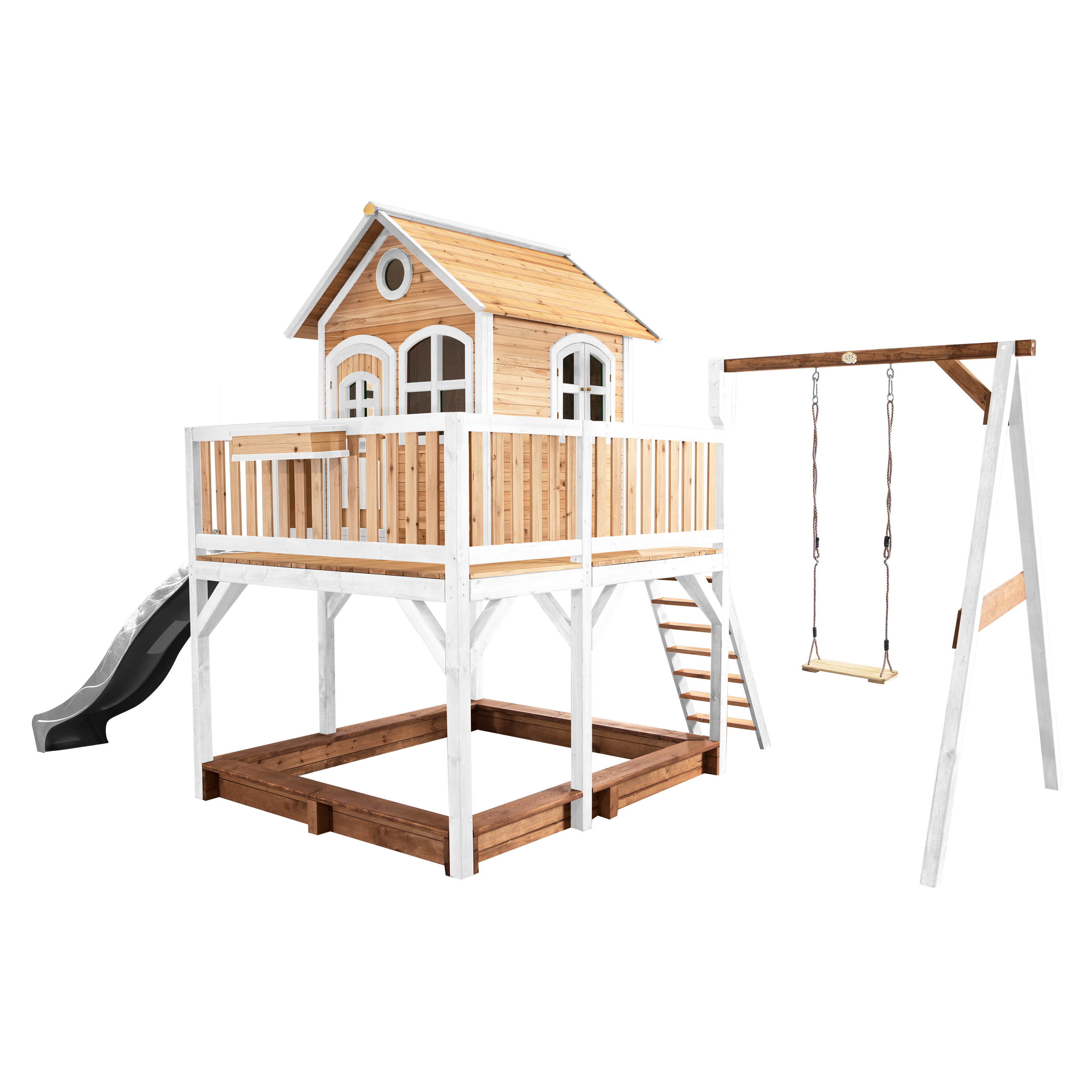 AXI Liam Playhouse with Single Swing Set Brown/White - Grey Slide-8717973937500 AXI Liam Playhouse with Single Swing Set Brown/White - Grey Slide