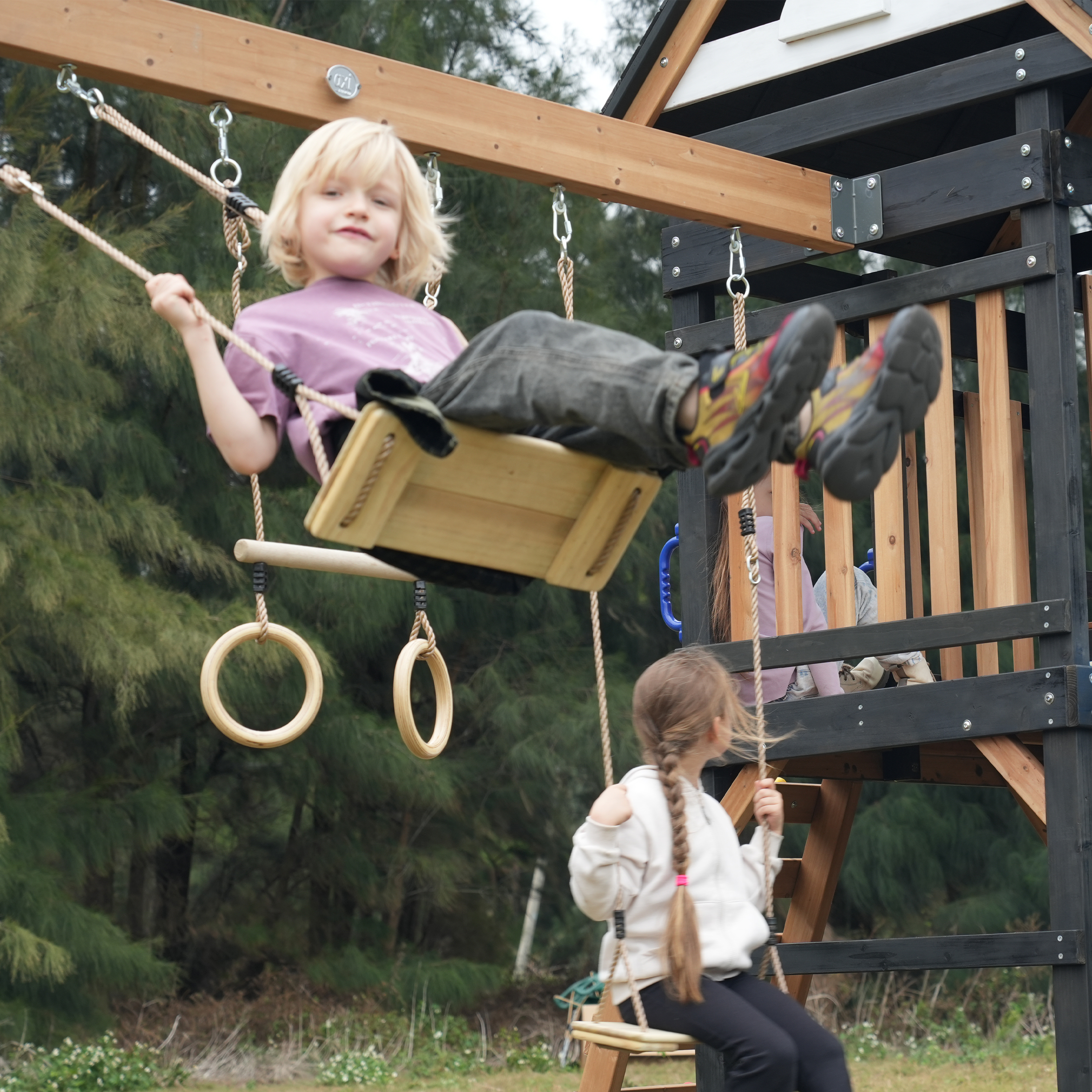 AXI Cody Climbing Frame with Swings. Trapeze and Climbing Wall – Grey Double Slide and Tube Slide