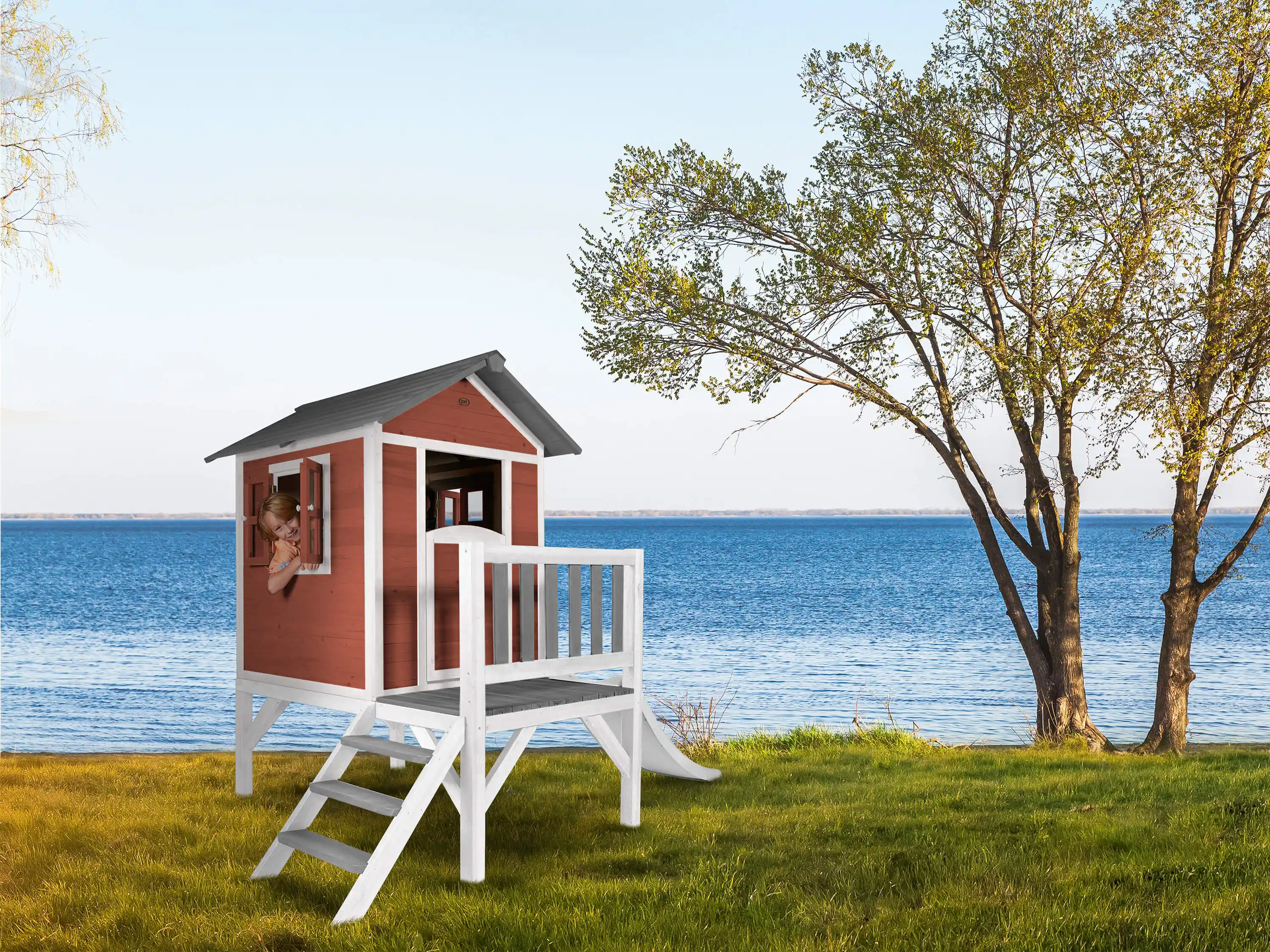 AXI Lodge XL Speelhuis Scandinavisch Rood - Witte Glijbaan
