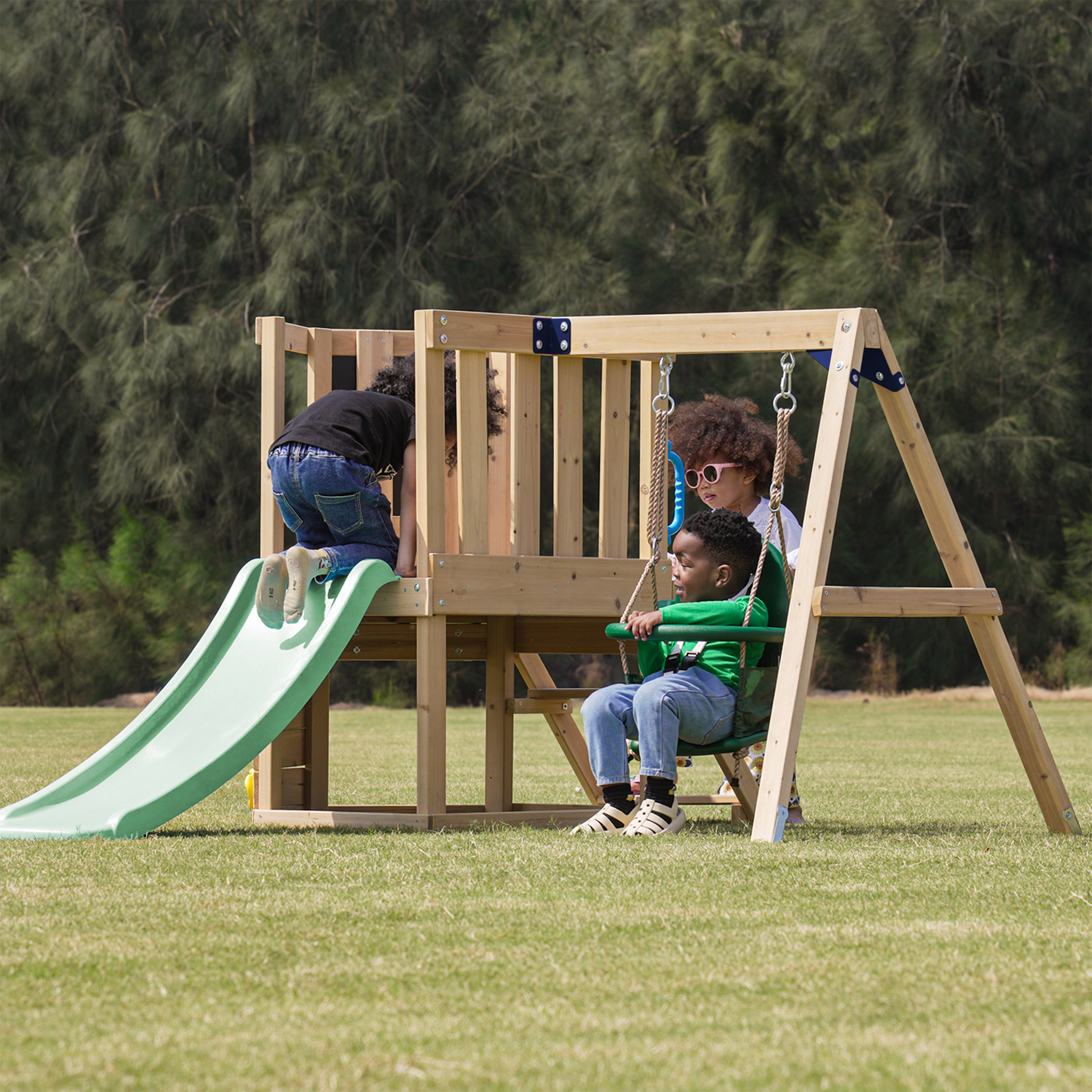 AXI Timo Mini Climbing Frame with Baby Swing. Climbing Wall and Chalkboard – Pastel Green Slide