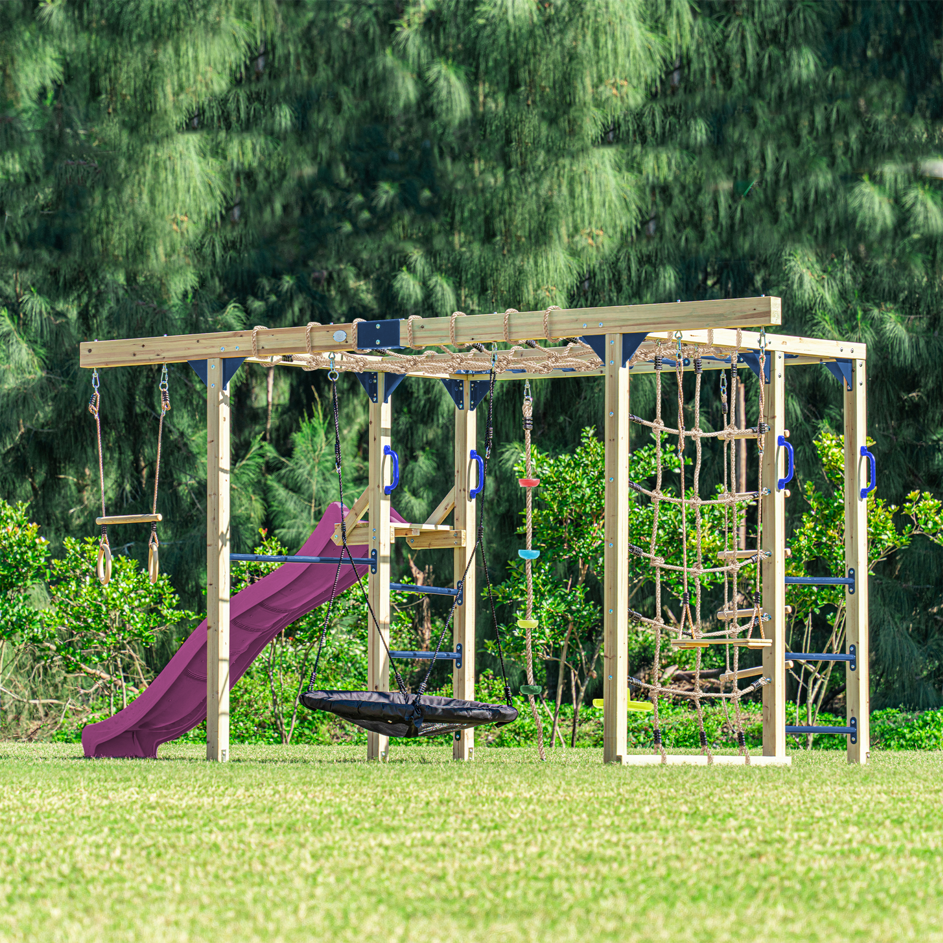 AXI Boris Wooden Playcentre with Swings. Trapeze. Climbing Nets and Monkey Bars – Purple Slide