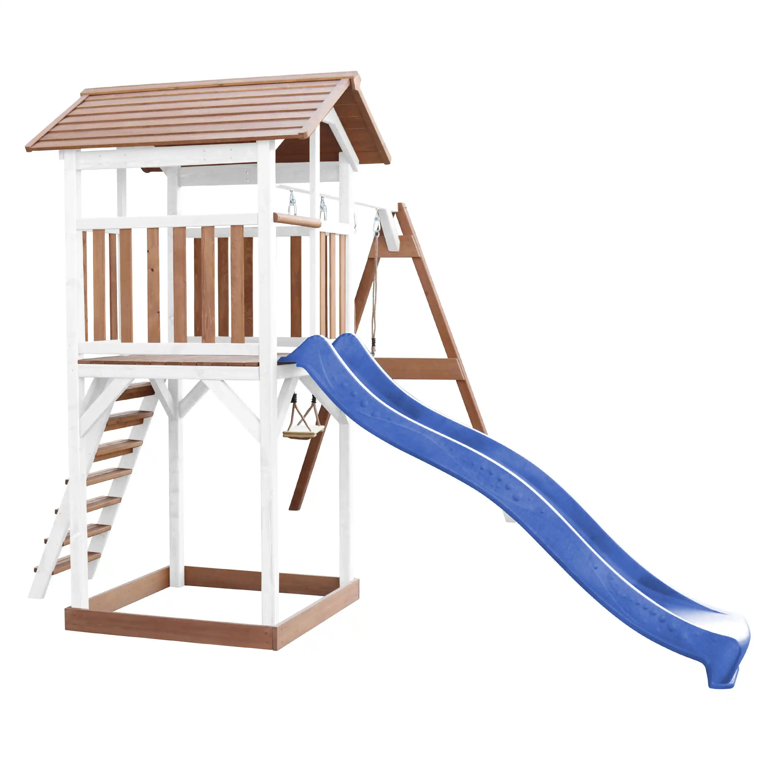 AXI Beach Tower Speeltoren met Dubbele Schommel Bruin/wit - Blauwe Glijbaan