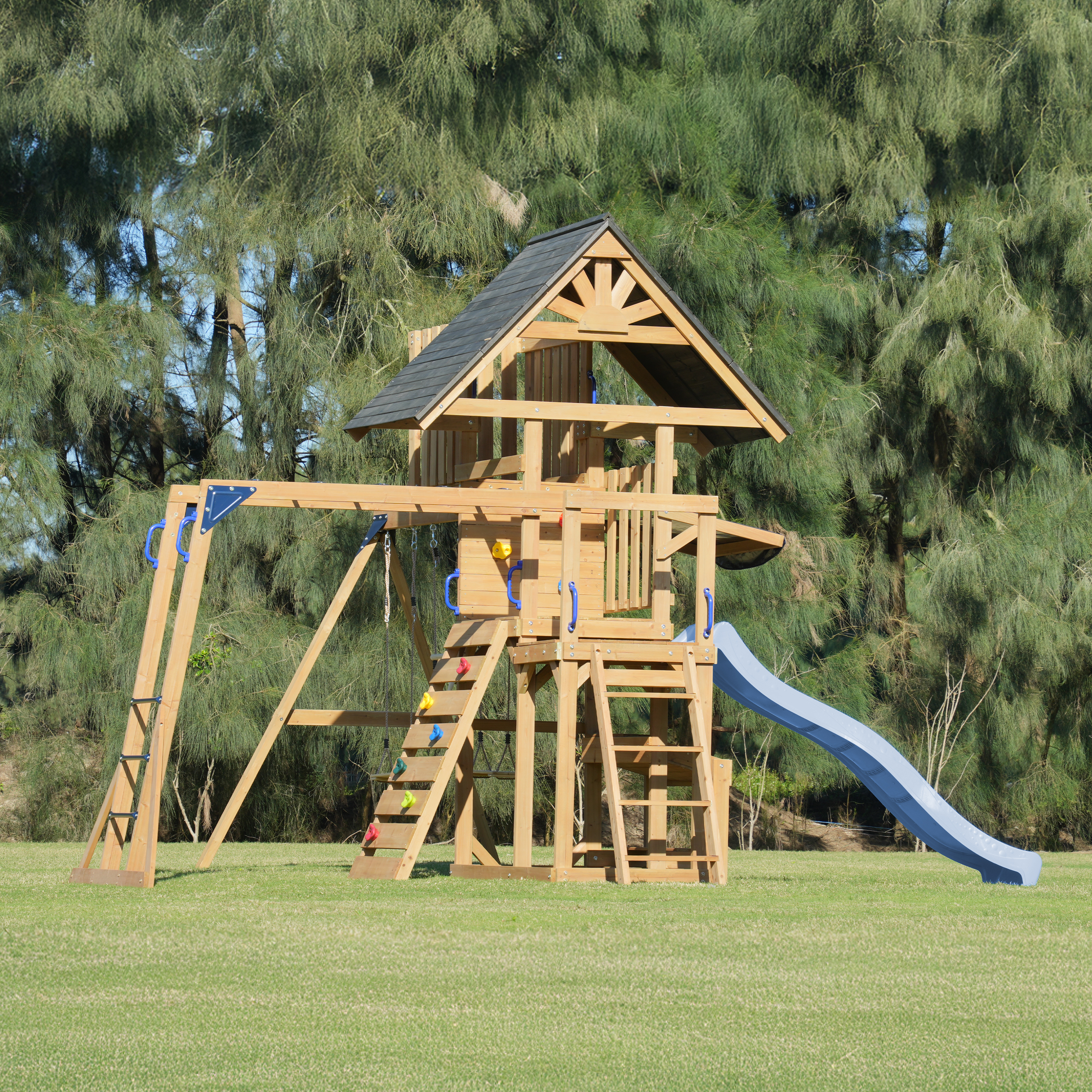 AXI Mitch Climbing Frame with Double Swing, Trapeze and Lookout Tower – Pastel Blue Slide