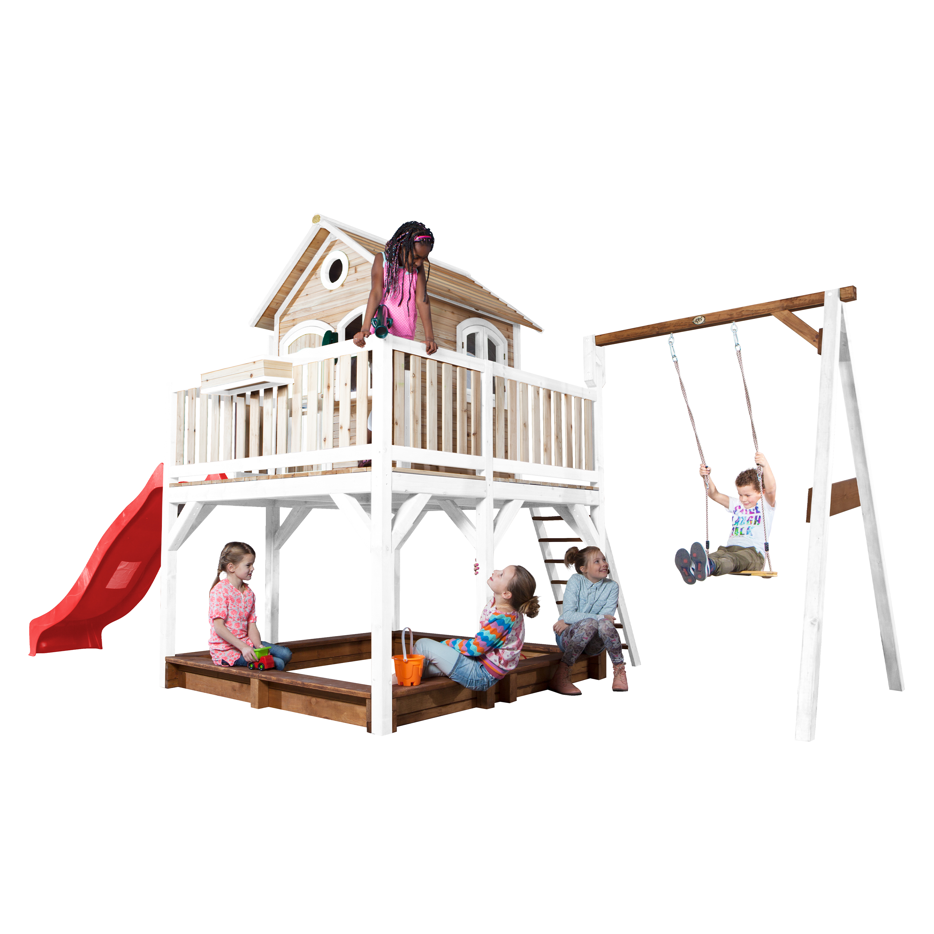 AXI Liam Playhouse with Single Swing Set Brown/White - Red Slide