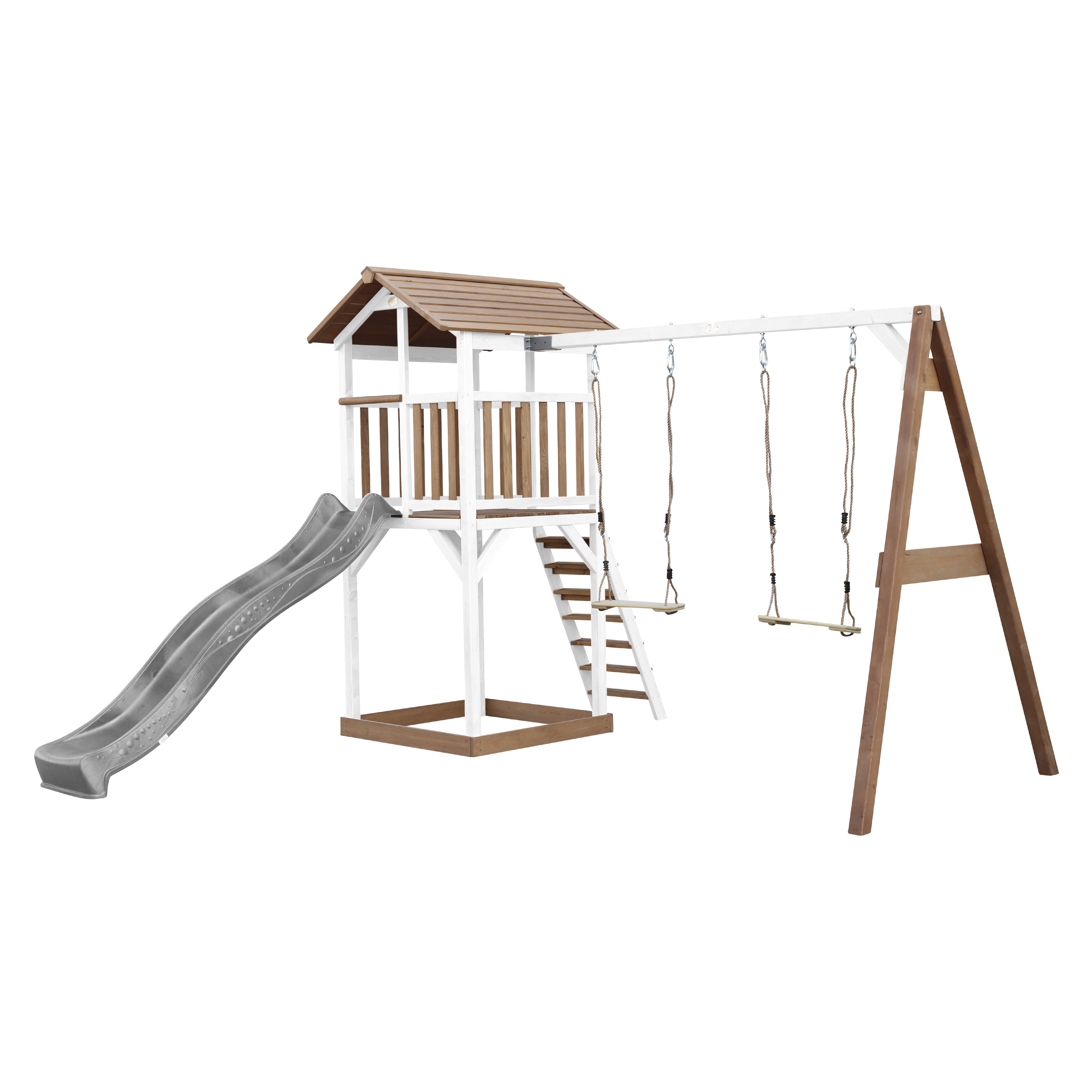 AXI Beach Tower with Double Swing Set Brown/White - Grey Slide-8717973939306 AXI Beach Tower with Double Swing Set Brown/White - Grey Slide