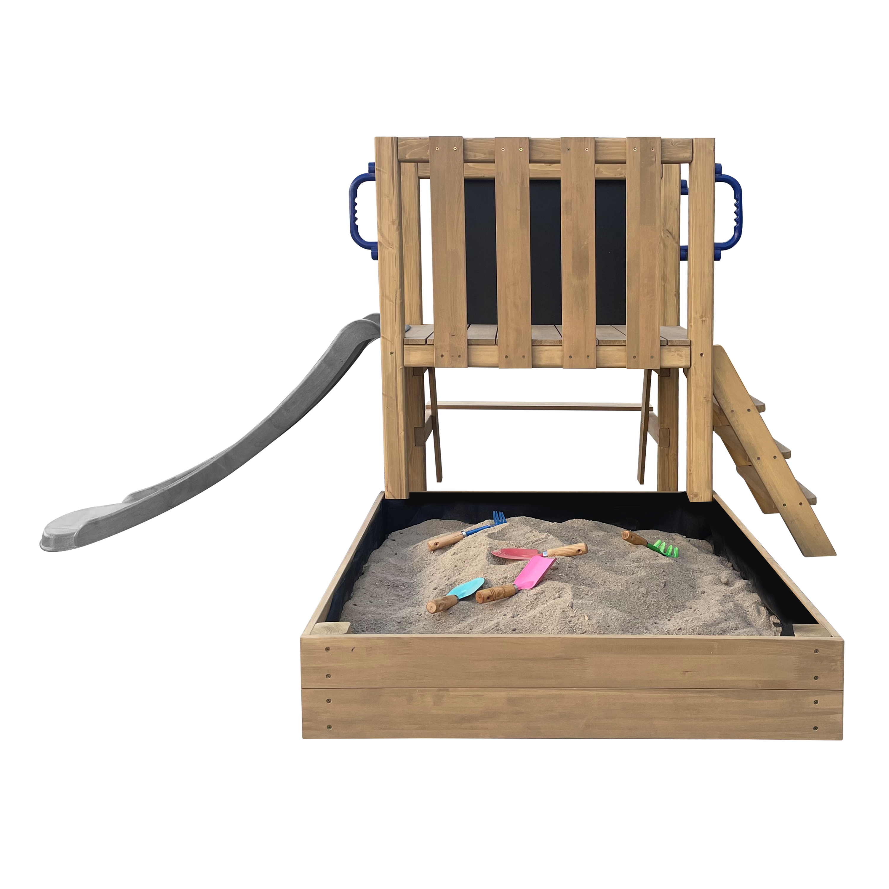 AXI Leah Mini Wooden Playtower with Sandbox. Picnic Table & Chalkboard –  Grey Slide