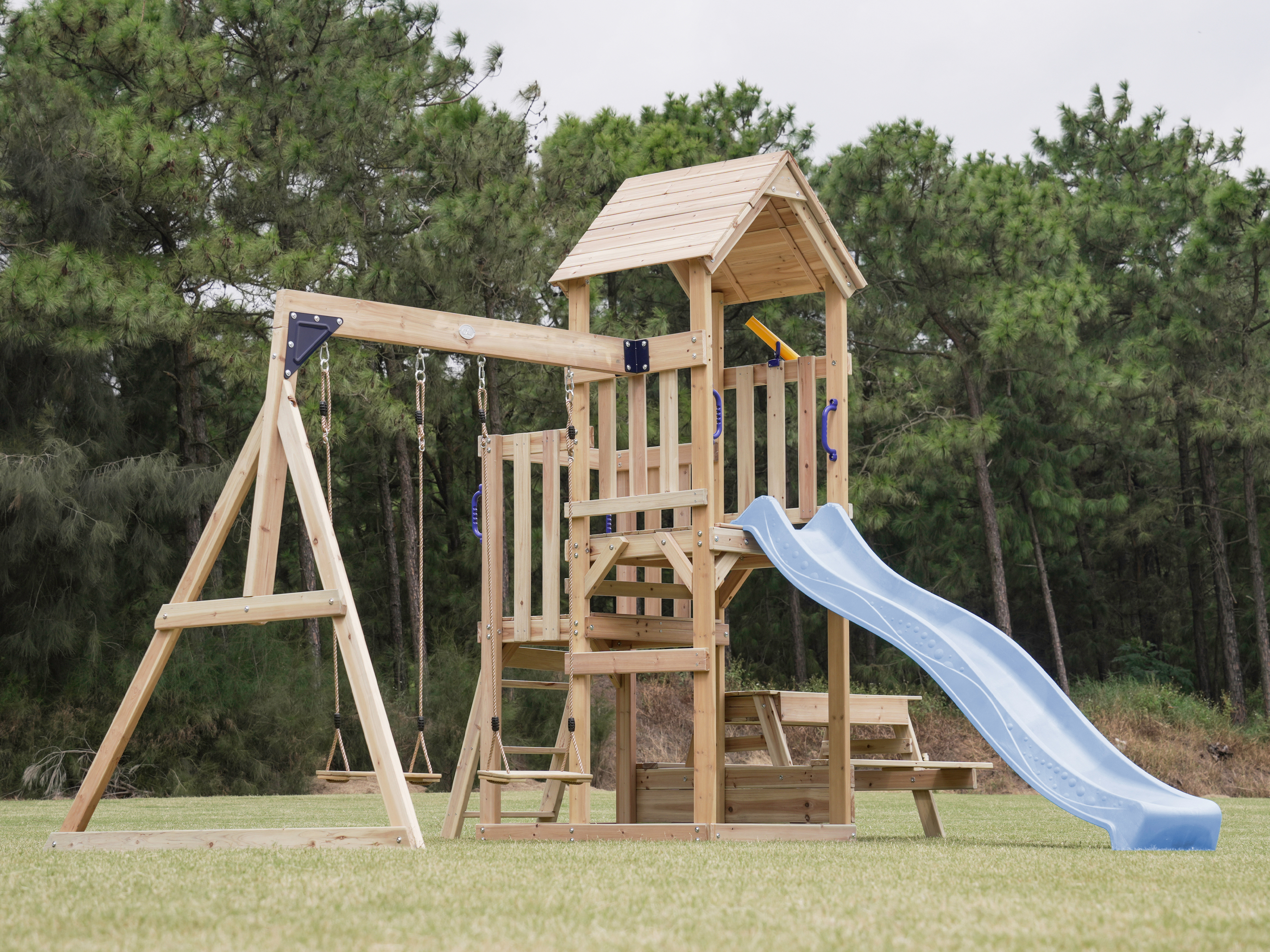 AXI Mette Climbing Frame with Double Swing Set and Picnic Table - Pastel Blue Slide