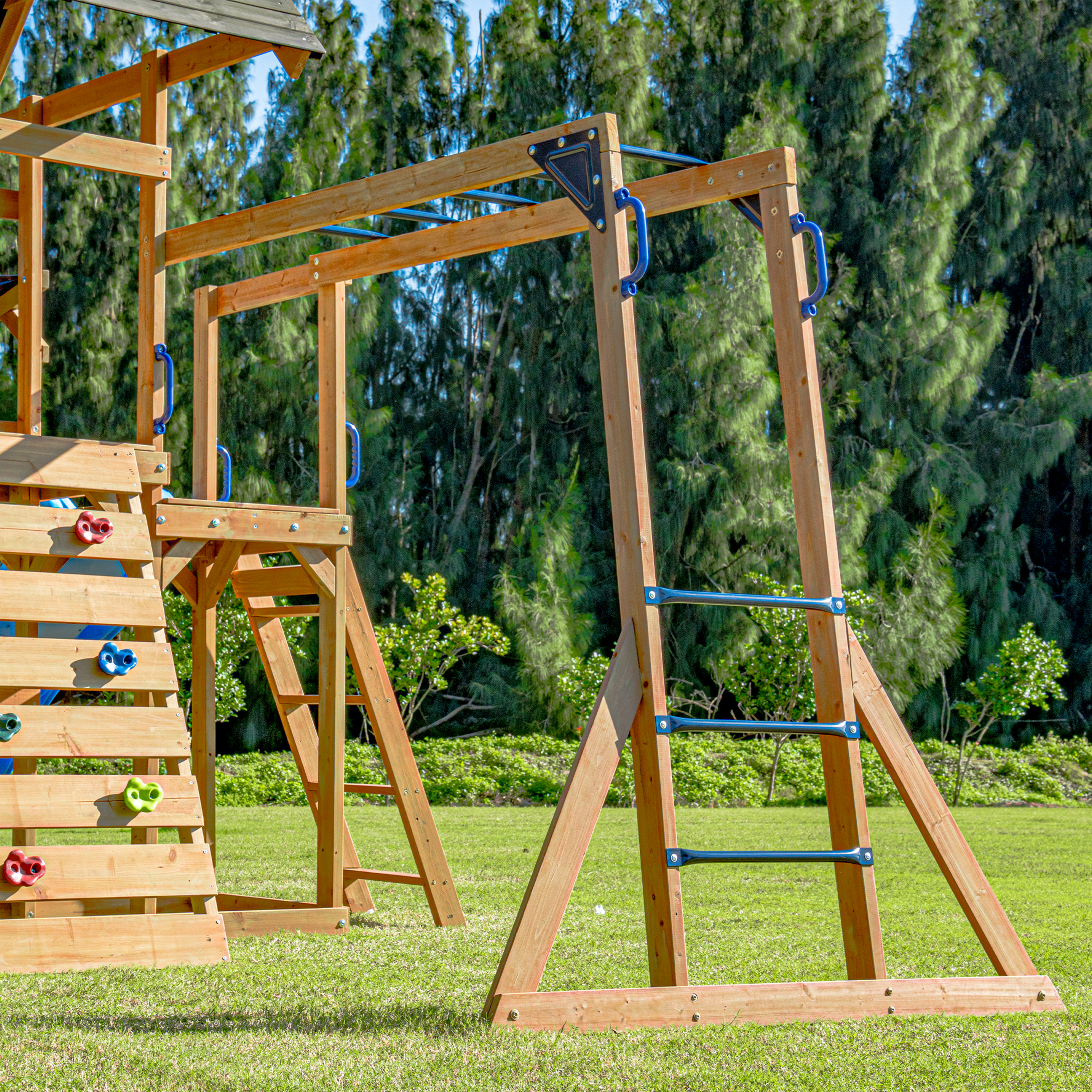 AXI Mitch Climbing Frame with Double Swing, Trapeze and Lookout Tower – Blue Slide