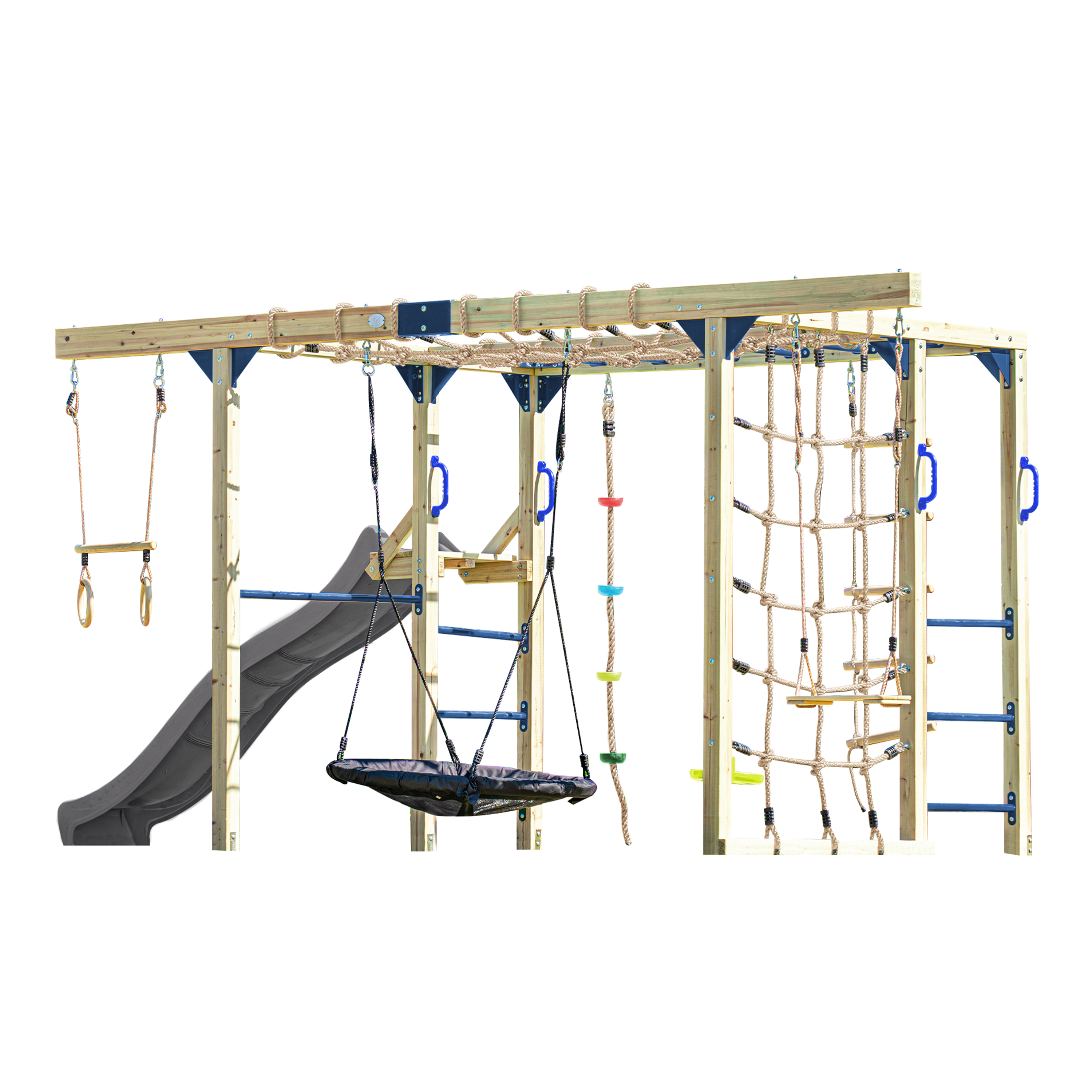 AXI Boris Wooden Playcentre with Swings, Trapeze, Climbing Nets and Monkey Bars – Grey Slide-8720365066672 AXI Boris Wooden Playcentre with Swings, Trapeze, Climbing Nets and Monkey Bars – Grey Slide