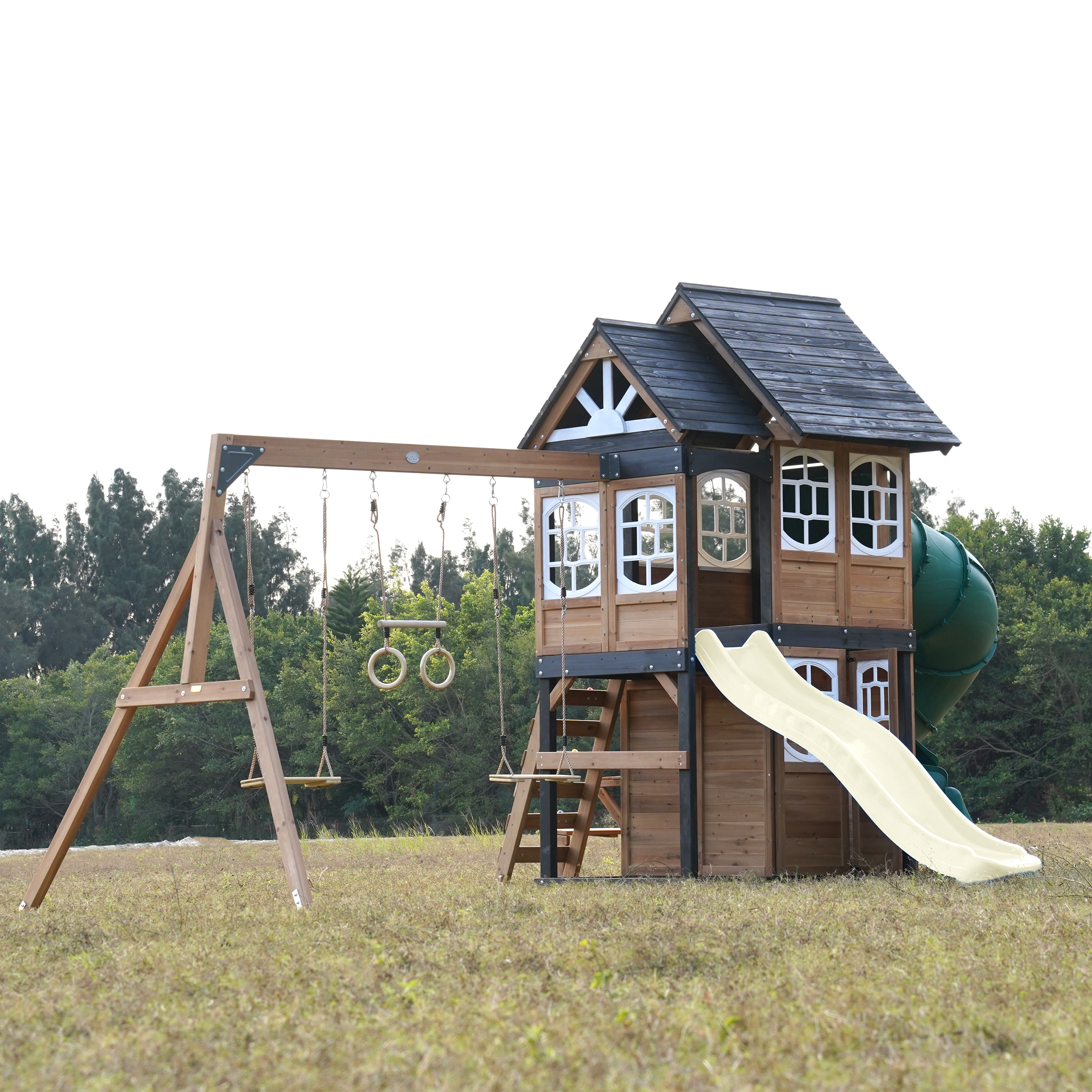 AXI Noud Climbing Frame with Playhouse, Swings, Trapeze and Climbing Wall – Cream Slide and Tube Slide