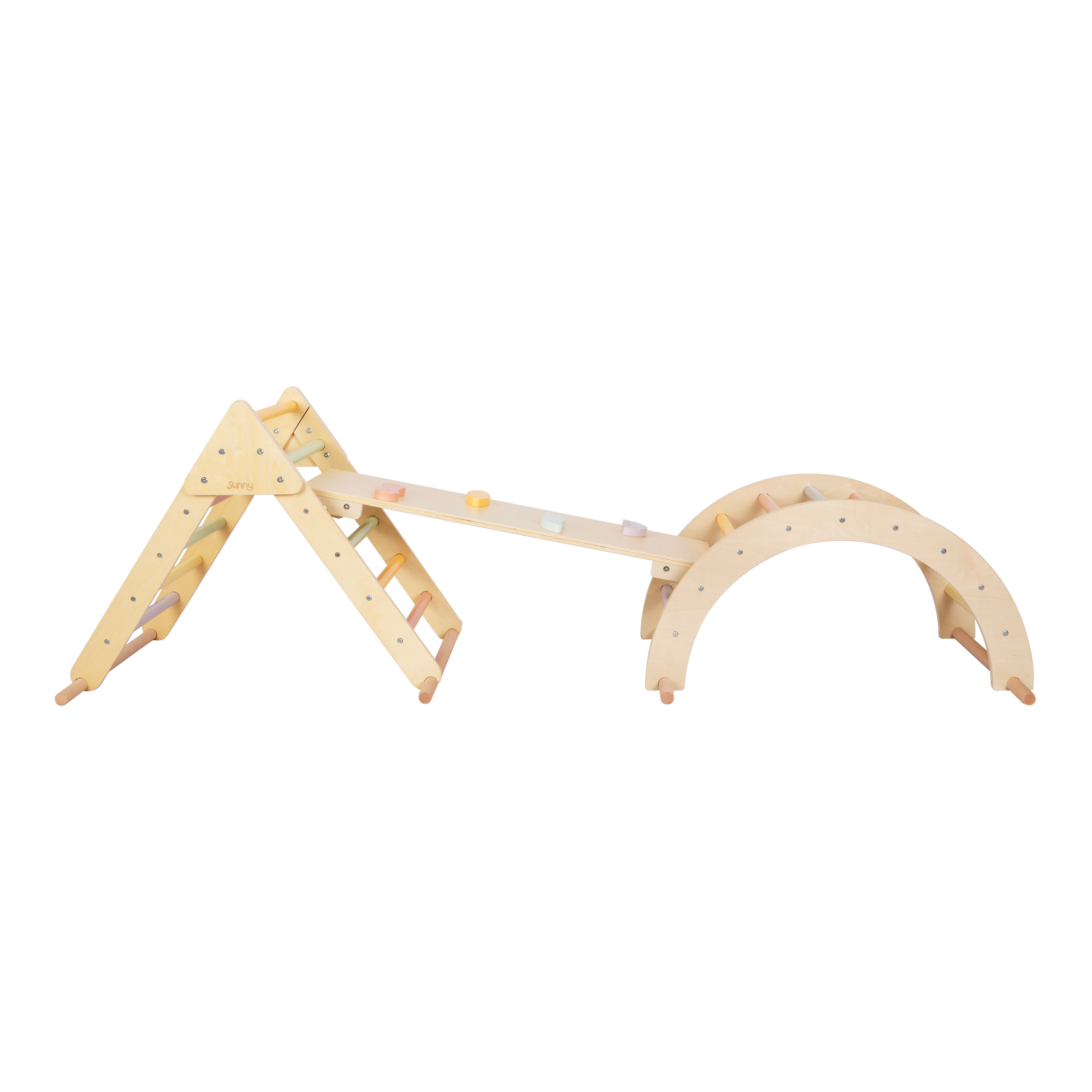 Sunny Charlie 3-in-1 Wooden Climbing Triangle with Climbing Wall and Rocker - Pastel