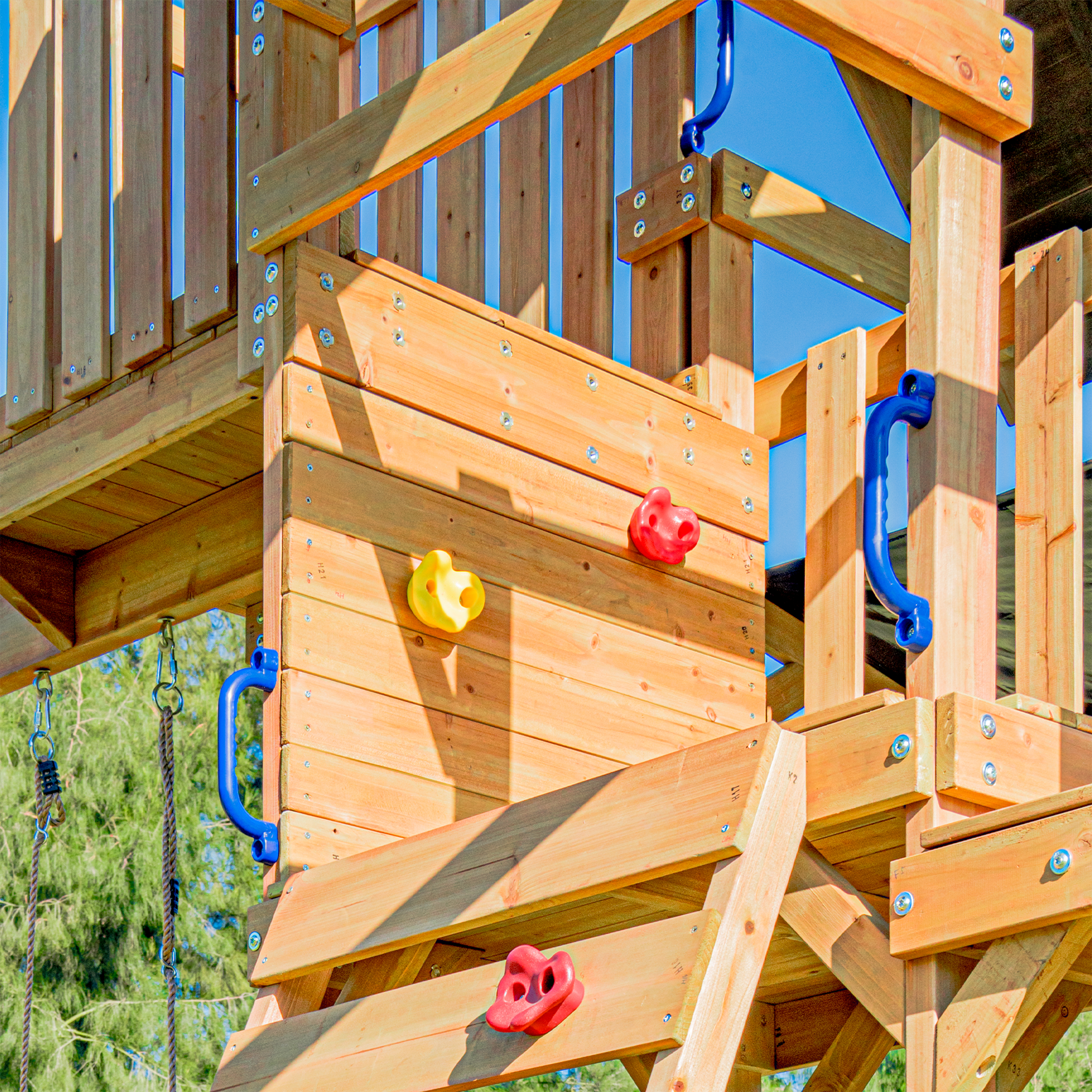 AXI Mitch Climbing Frame with Double Swing, Trapeze and Lookout Tower – Pastel Blue Slide