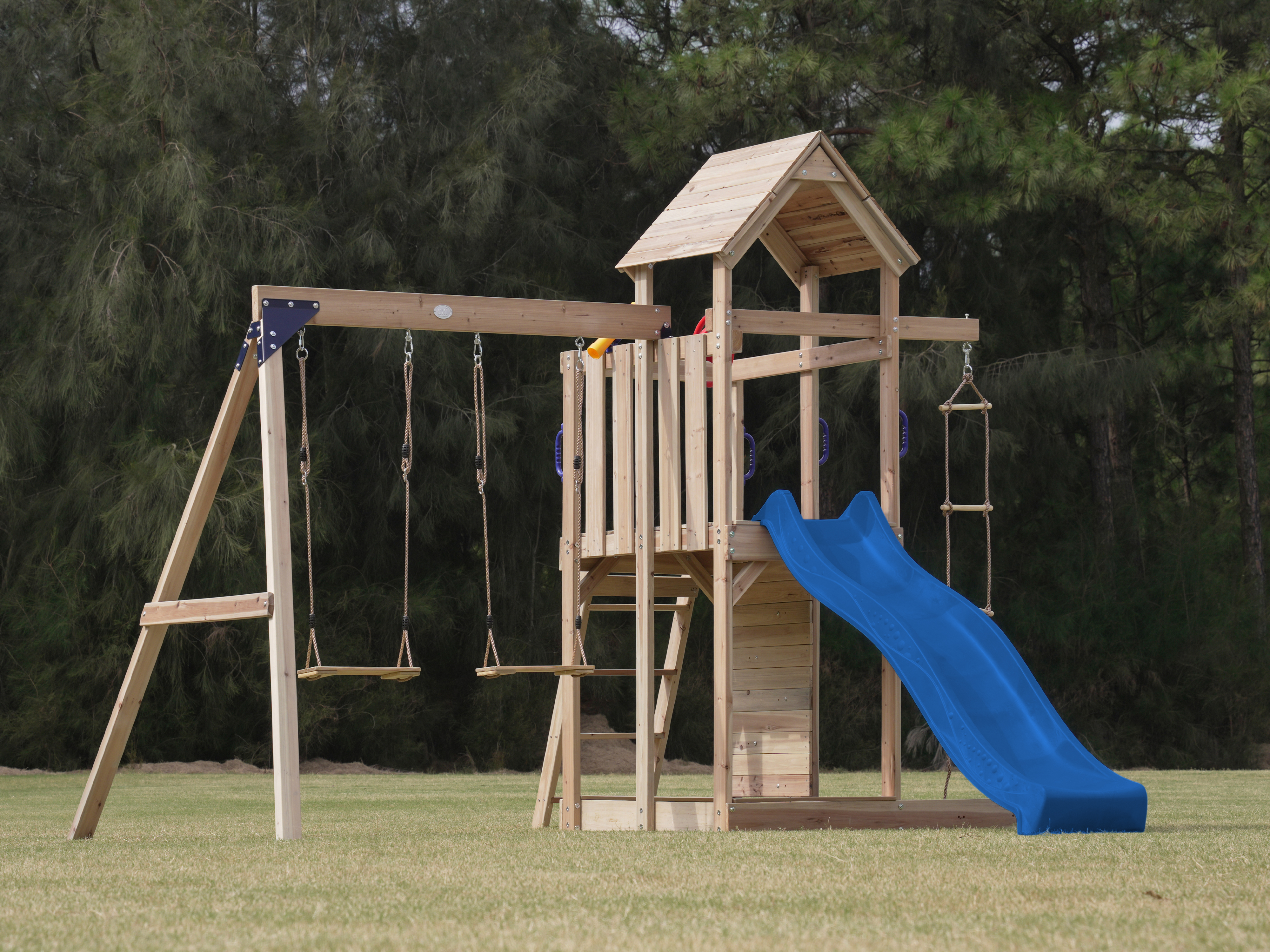 AXI Moos Play Set with Double Swing and Rope Ladder Brown - Blue Slide -8720365062100 AXI Moos Play Set with Double Swing and Rope Ladder Brown - Blue Slide