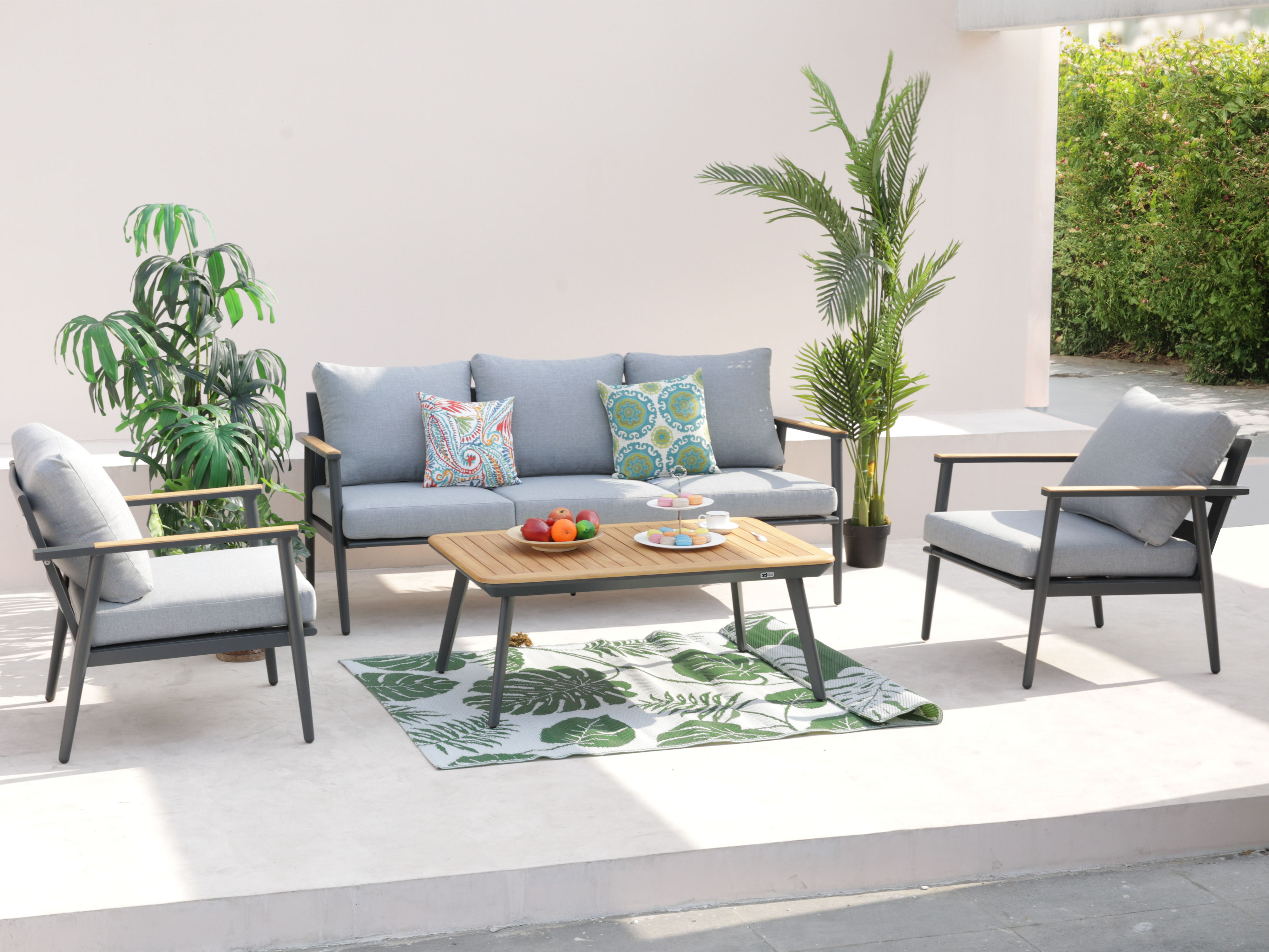 AXI Bibi lounge set 4-piece with bench. table and two chairs Anthracite/Teak-8720365062681 AXI Bibi lounge set 4-piece with bench. table and two chairs Anthracite/Teak