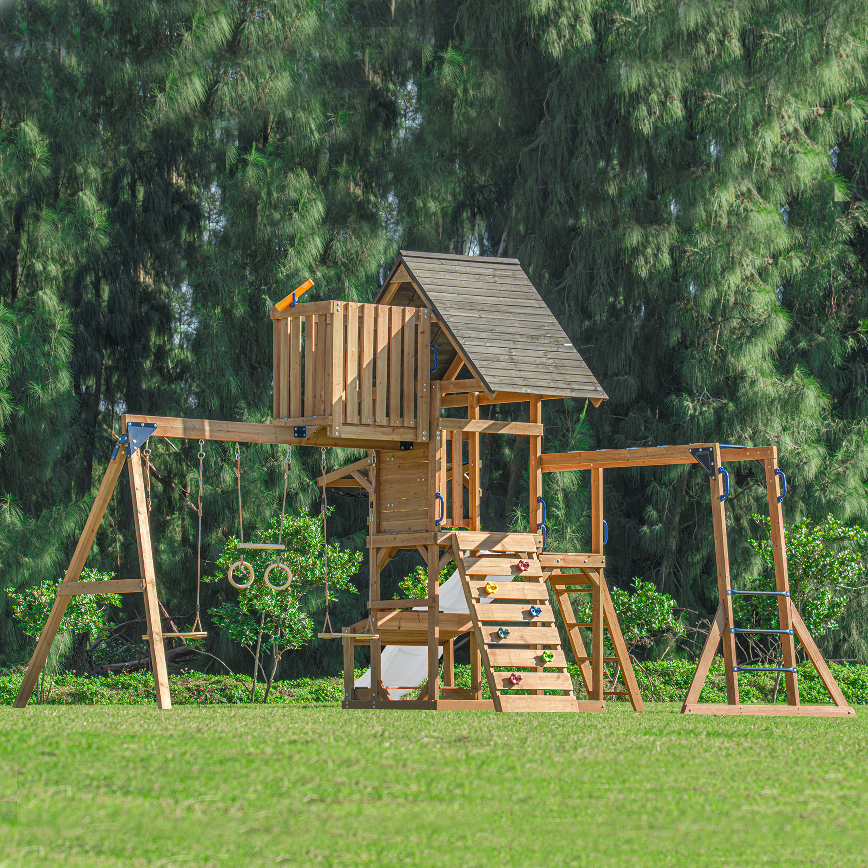 AXI Mitch Climbing Frame with Double Swing. Trapeze and Lookout Tower – White Slide