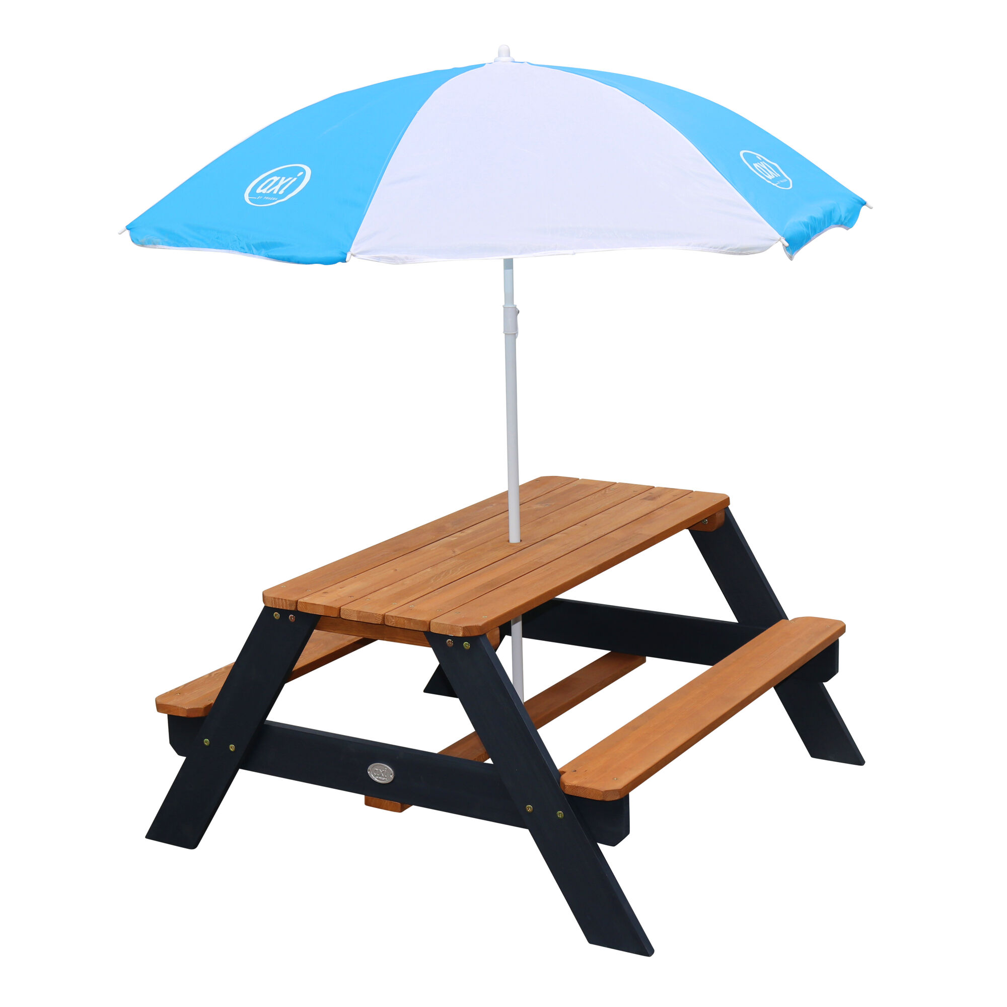 AXI Nick Picknicktafel Antraciet/bruin - Parasol Blauw/wit