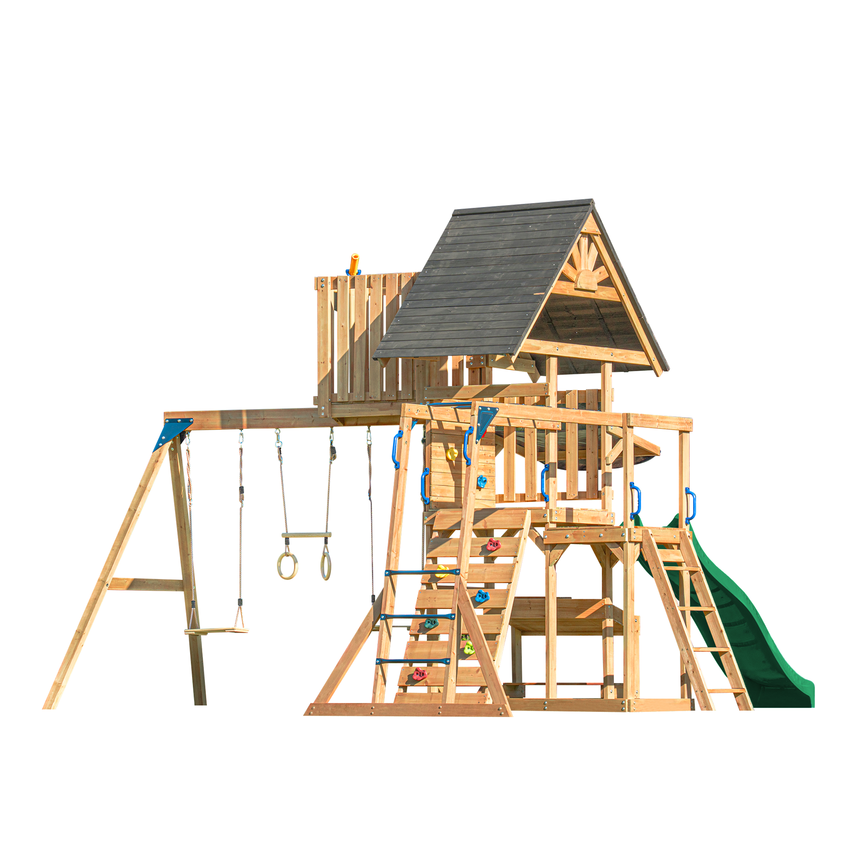 AXI Mitch Climbing Frame with Double Swing. Trapeze and Lookout Tower – Green Slide
