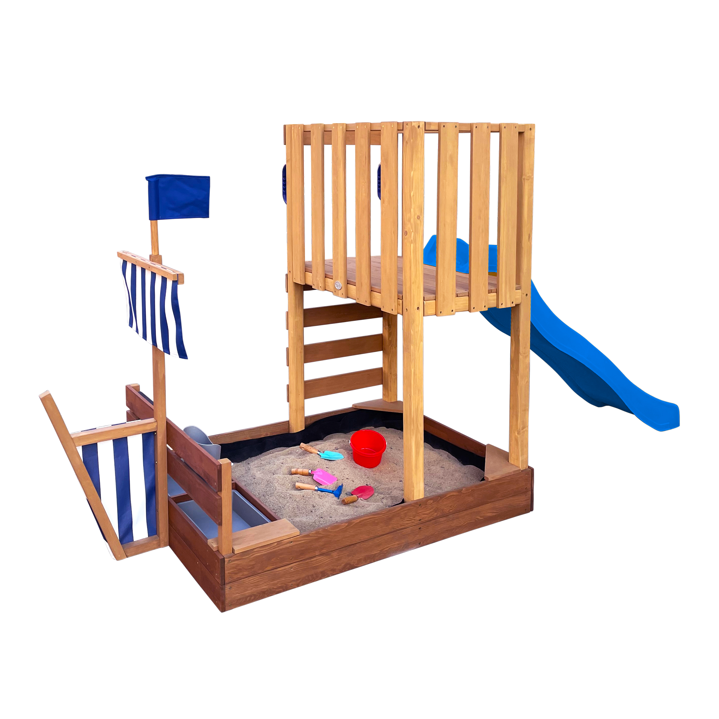 AXI Vicky Climbing Frame with Sandbox. Play Kitchen & Chalkboard – Blue Slide