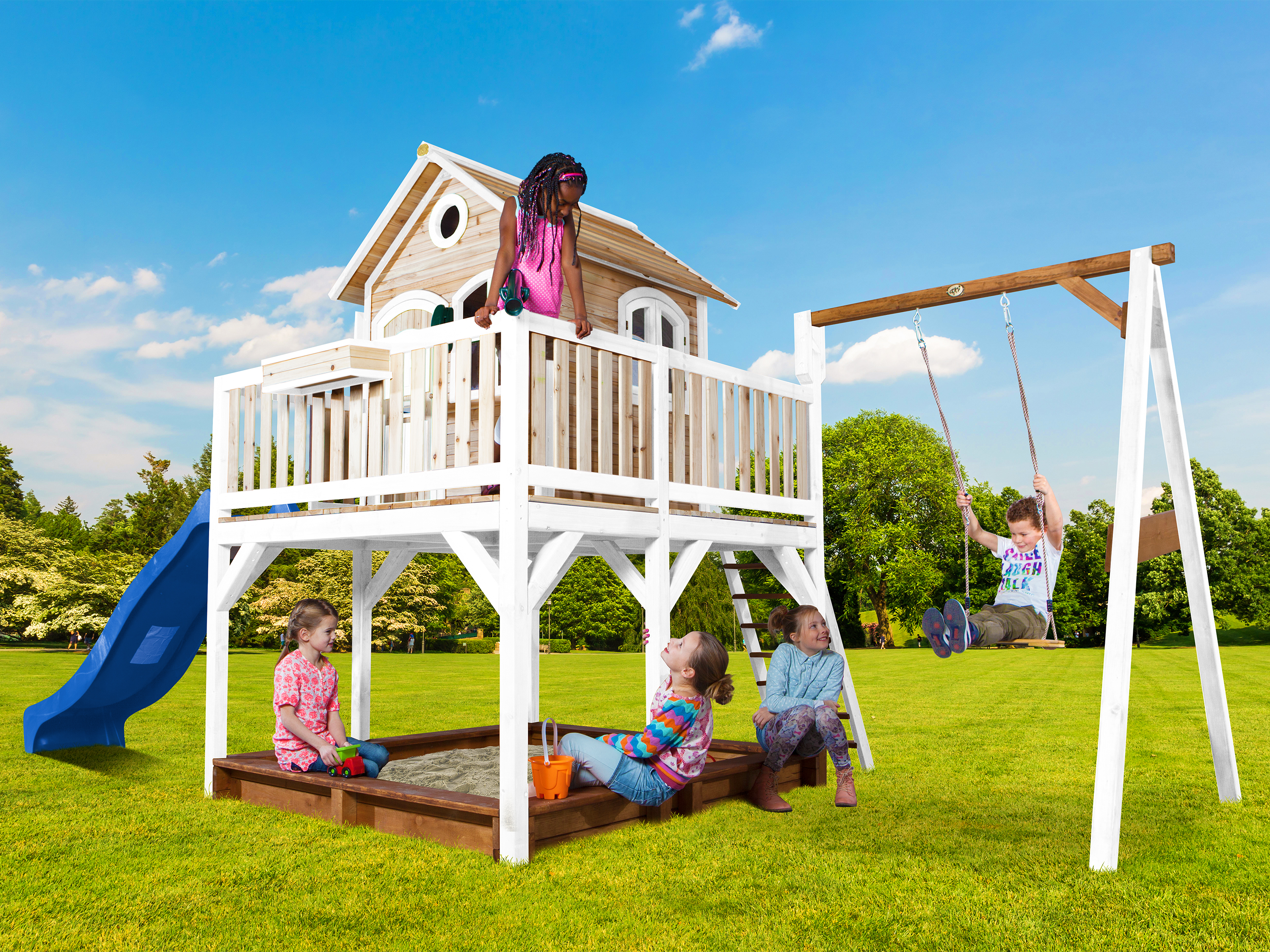AXI Liam Playhouse with Single Swing Set Brown/White - Blue Slide