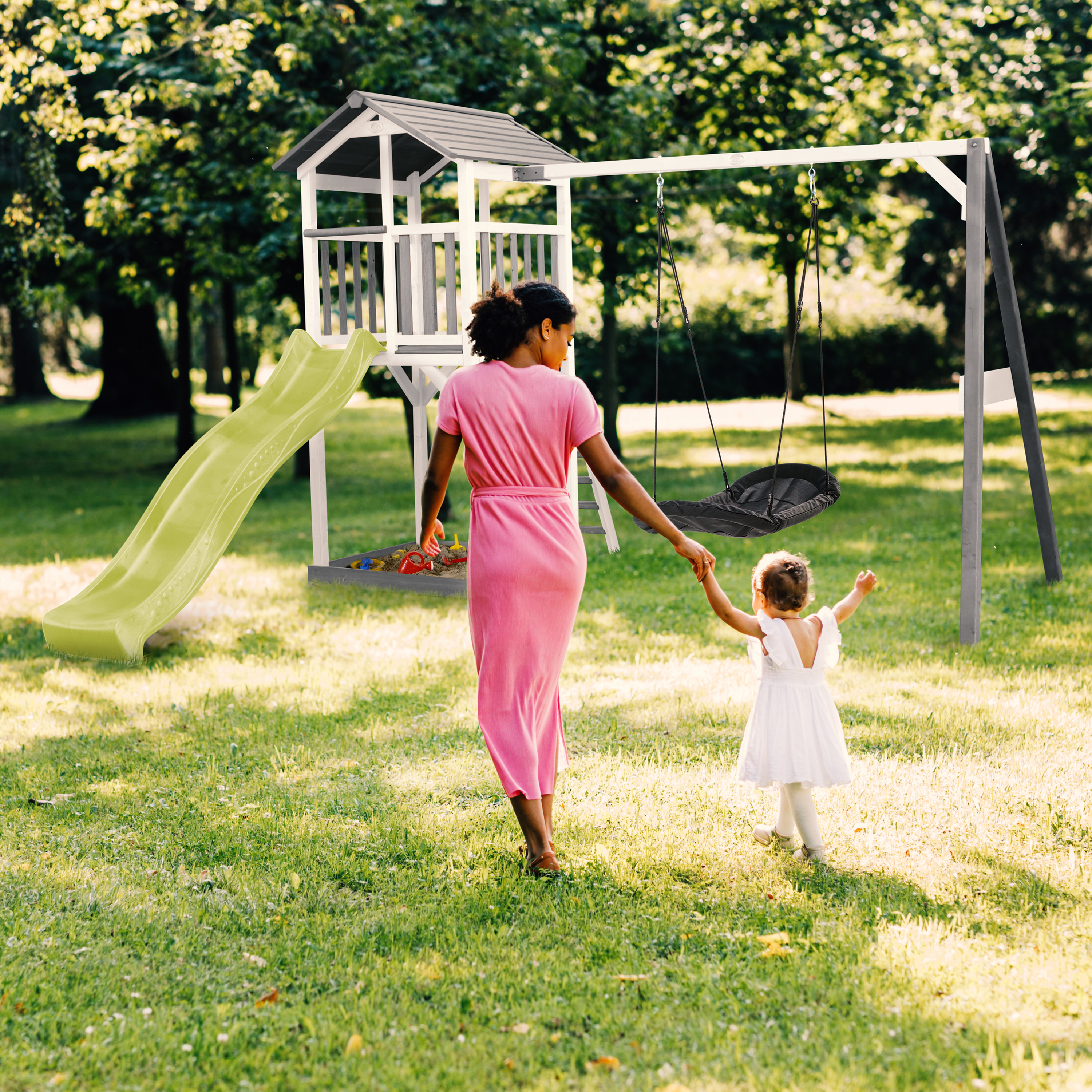 AXI Beach Tower with Roxy Nest Swing Set Grey/White - Lime Green Slide