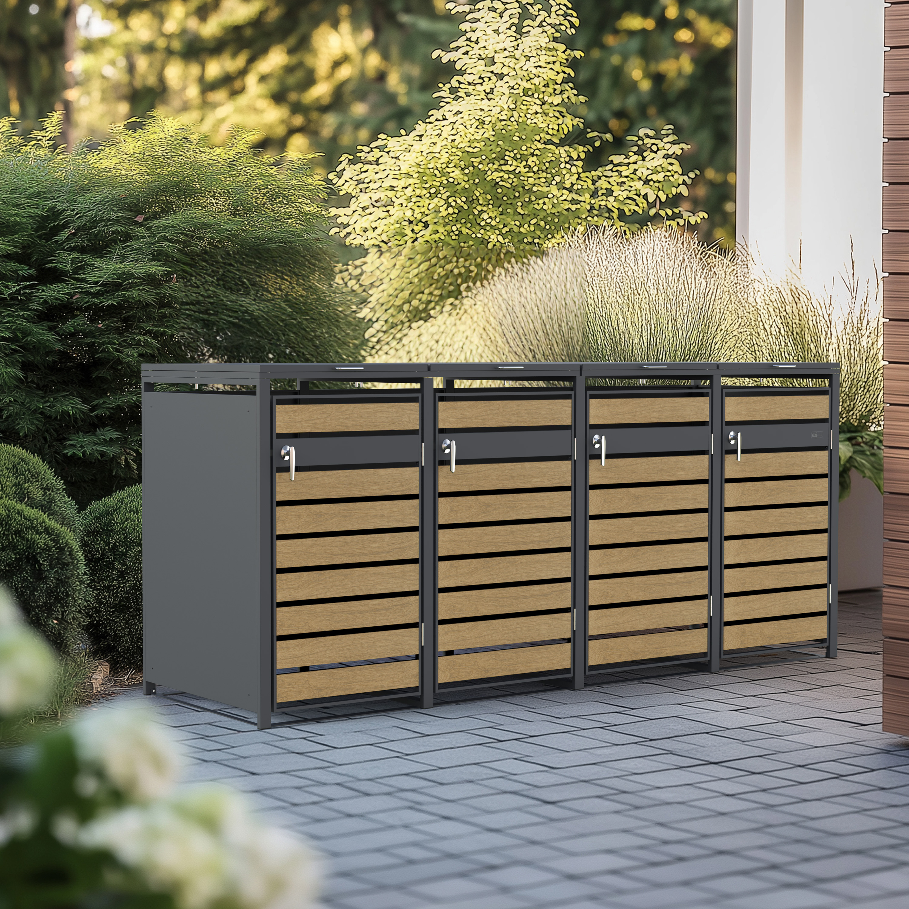 AXI Lucas Metal Garbage Bin Shed Anthracite/Wood look - 4 Garbage Bins