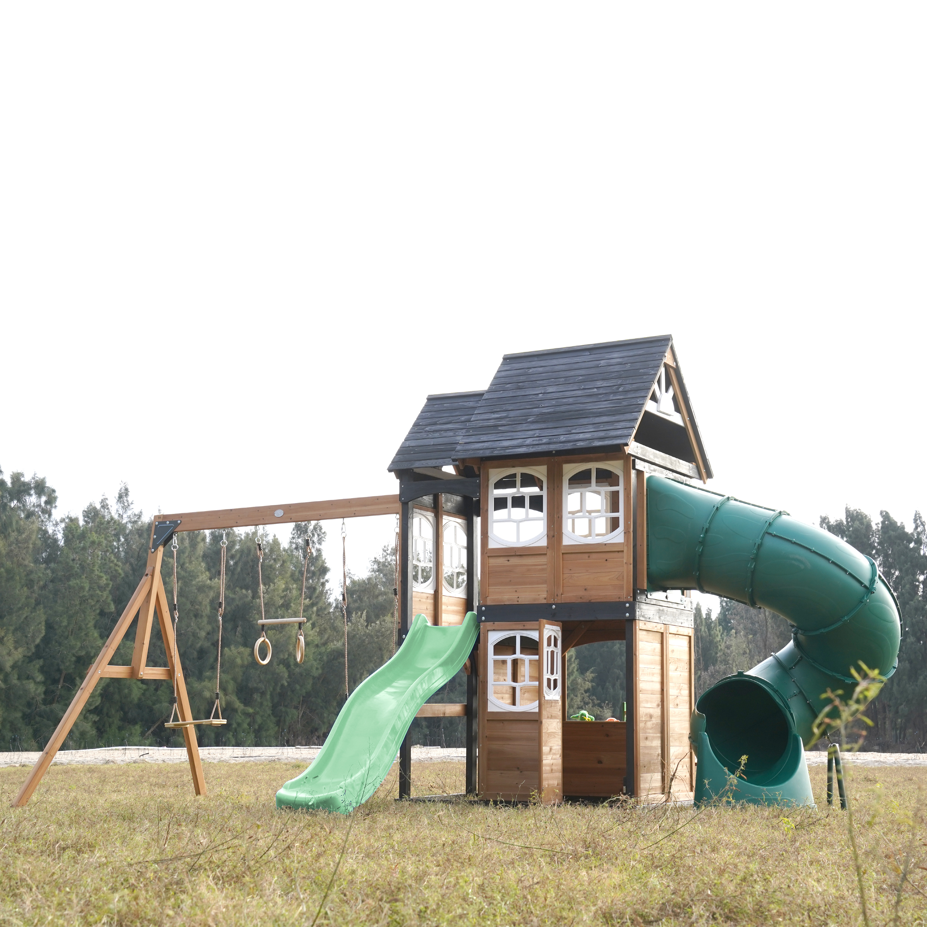 AXI Noud Climbing Frame with Playhouse, Swings, Trapeze and Climbing Wall – Pastel Green Slide and Tube Slide