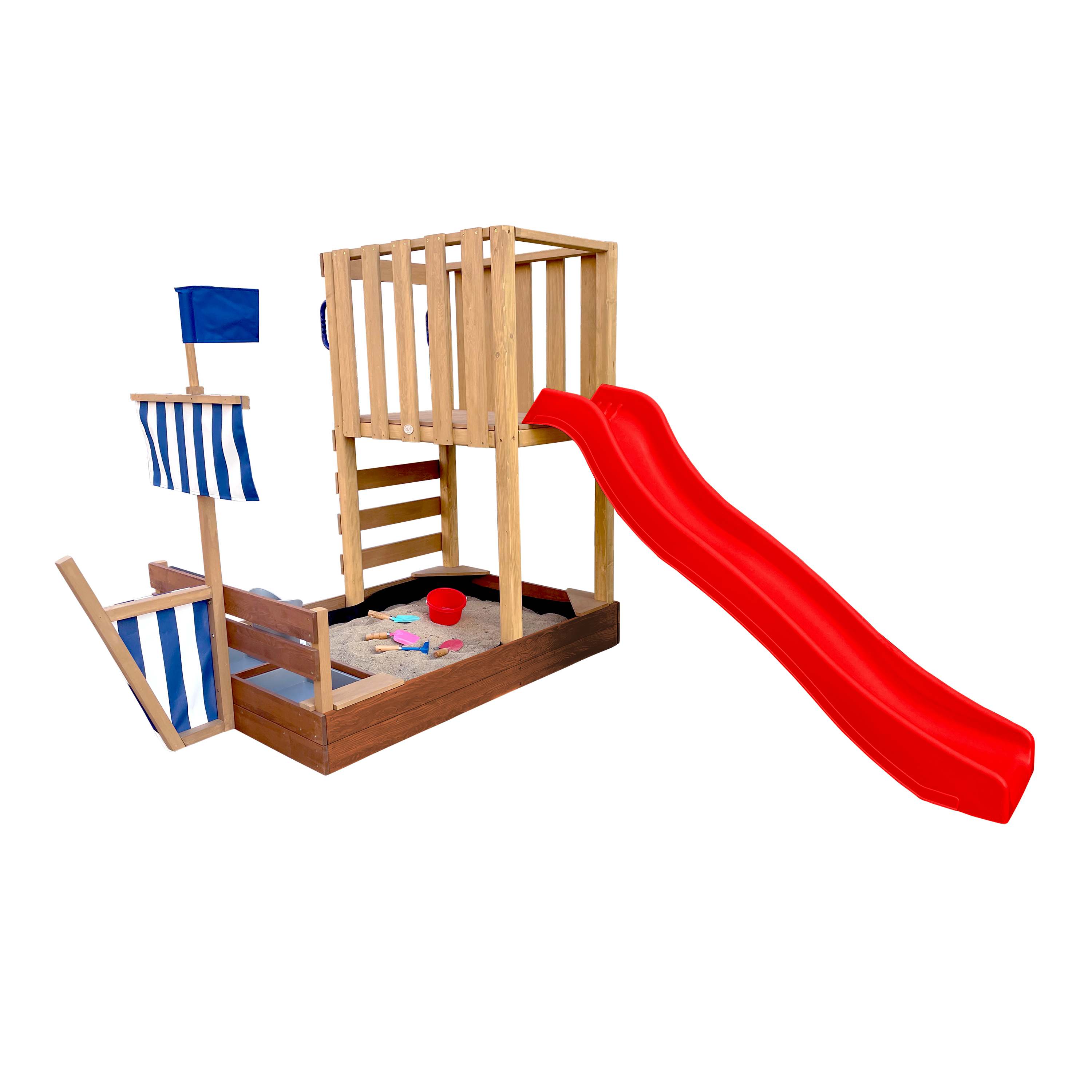 AXI Vicky Climbing Frame with Sandbox. Play Kitchen & Chalkboard – Red Slide