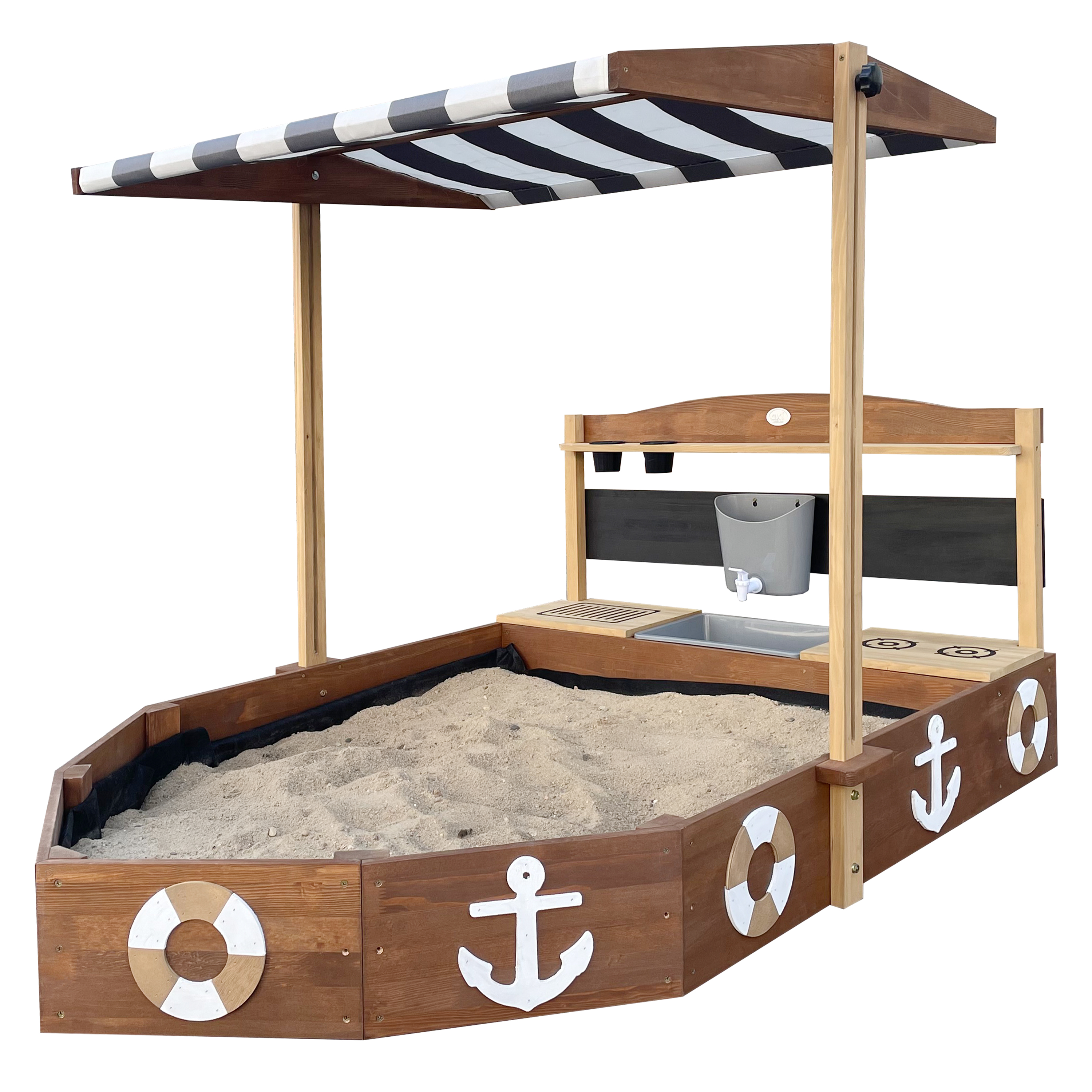 AXI Dora Boat Sandbox with Play Kitchen and Roof 160 x 100 cm Brown/Anthracite