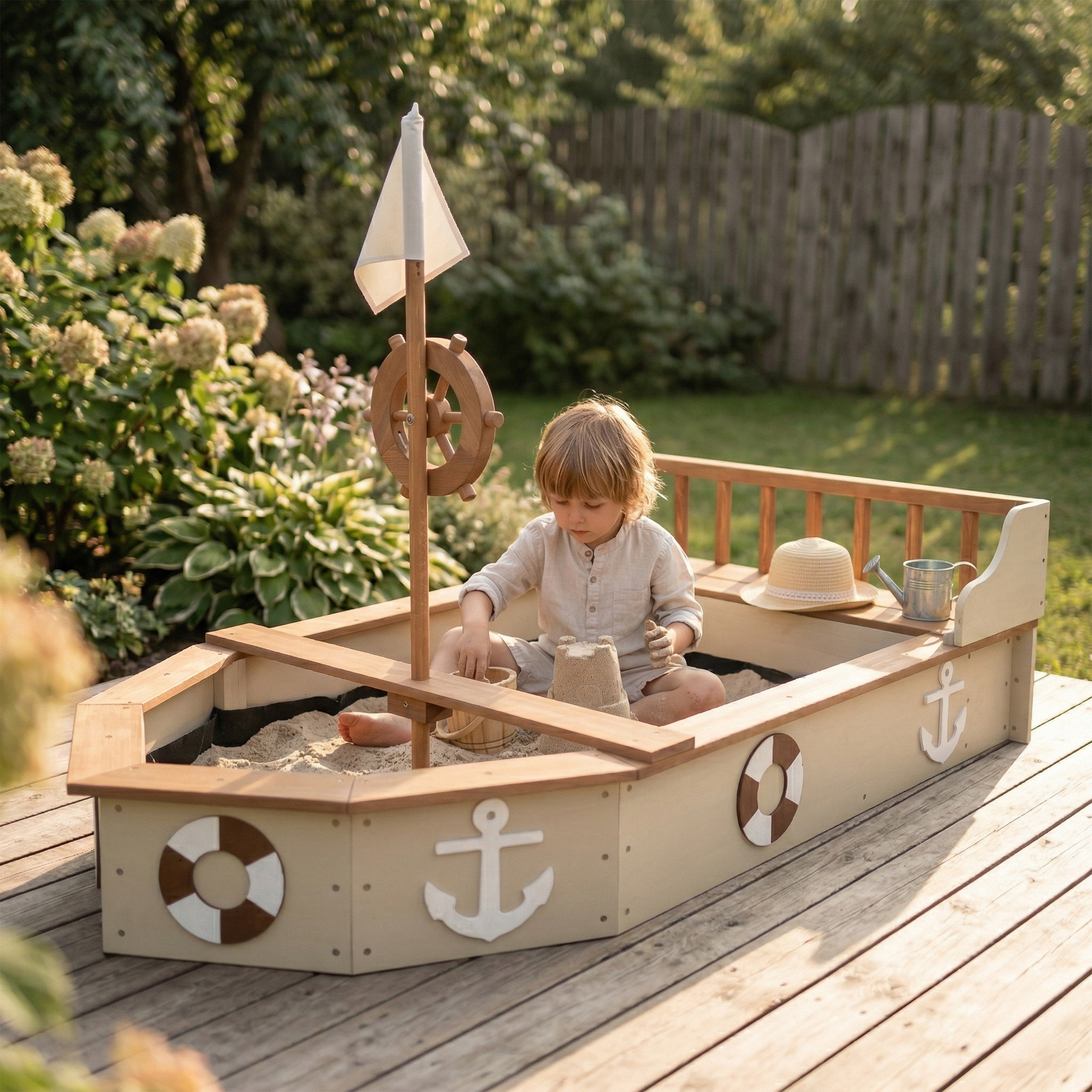 AXI Doris Boat Sandbox with storage bench - 153 x 90 x 100 cm - Beige