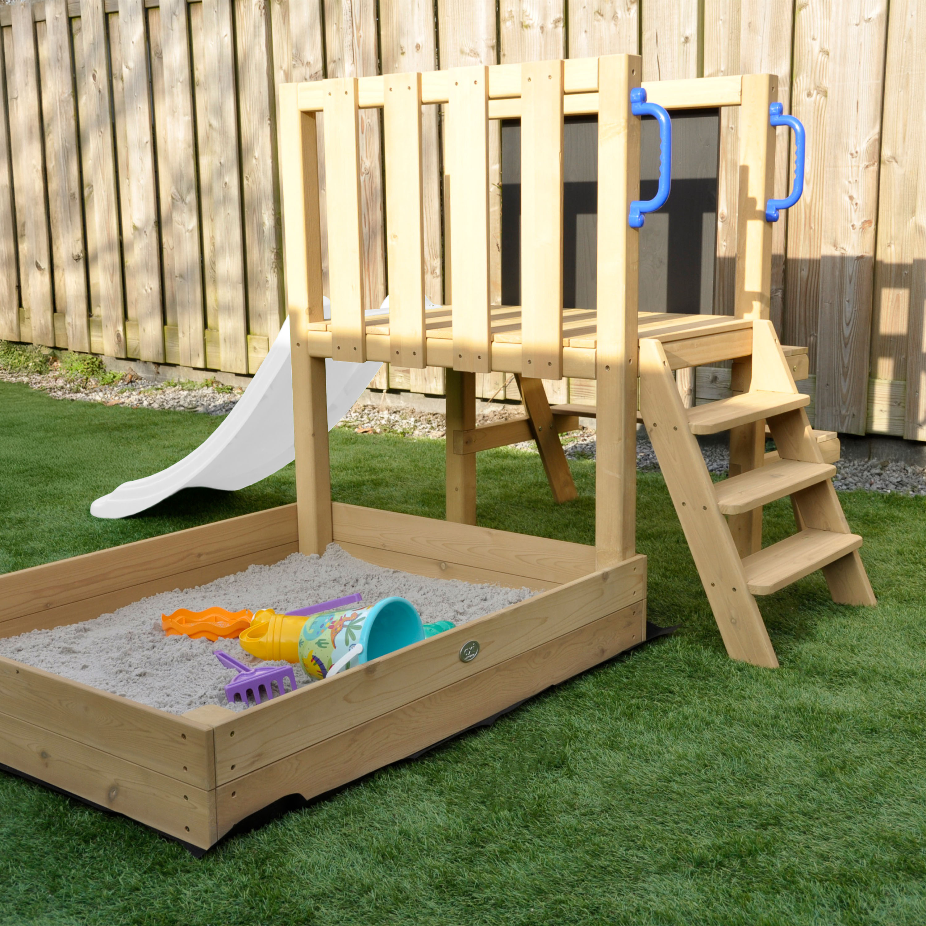 AXI Leah Mini Wooden Playtower with Sandbox, Picnic Table & Chalkboard – White Slide