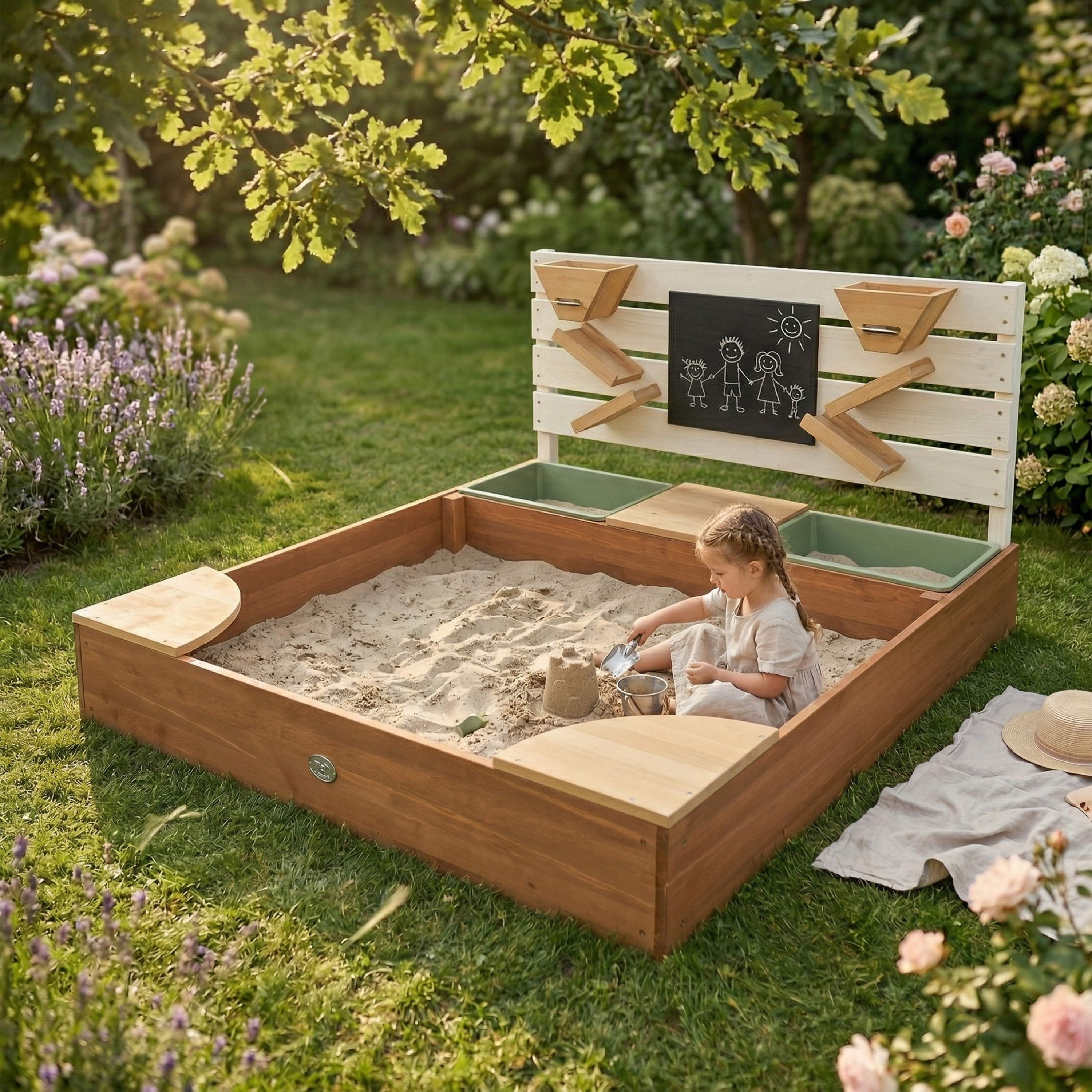 AXI Cato sandbox with sand & water trays and Play wall - 100 x 105 cm - Beige/brown