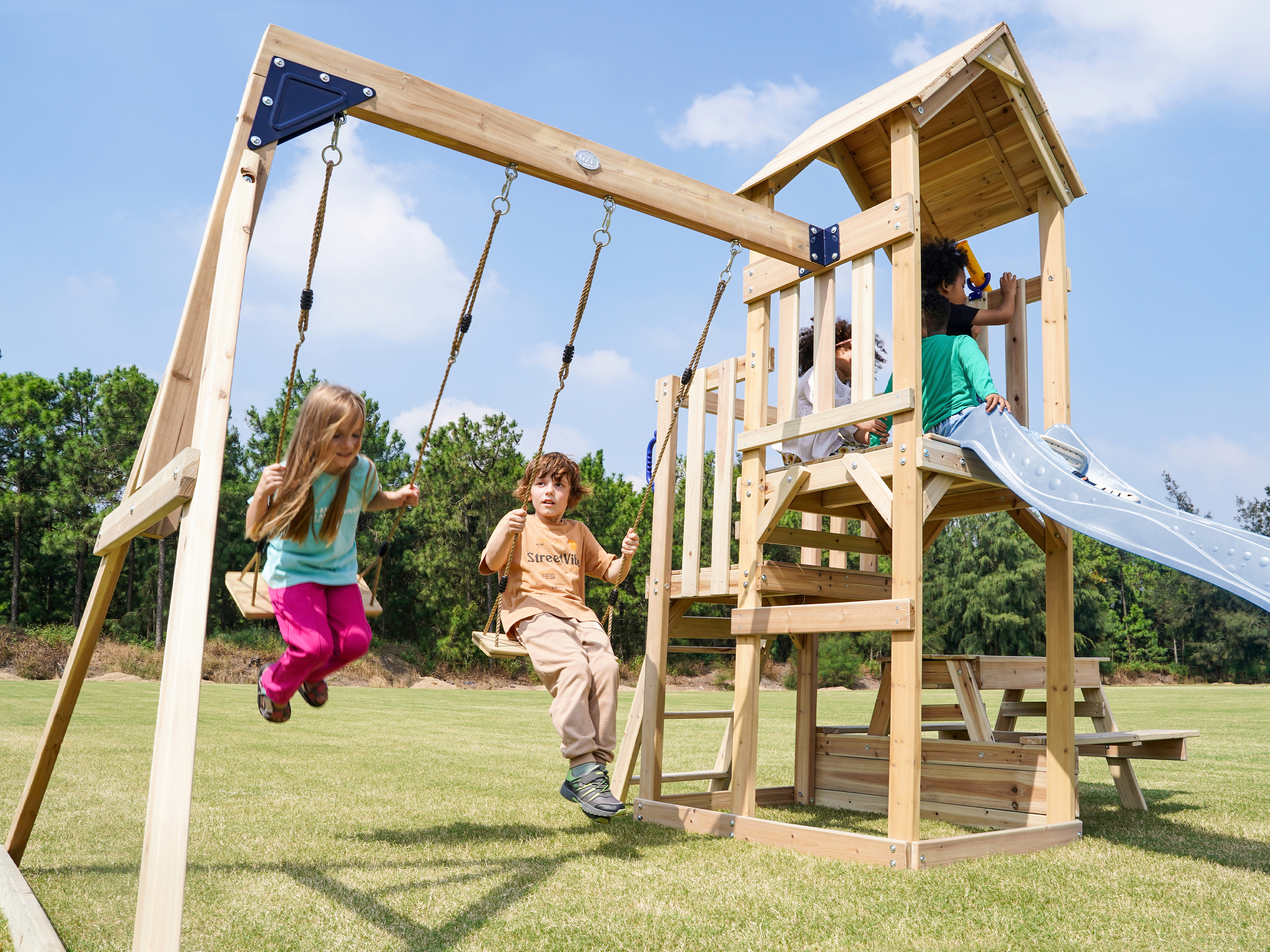 AXI Mette Climbing Frame with Double Swing Set and Picnic Table - Pastel Blue Slide