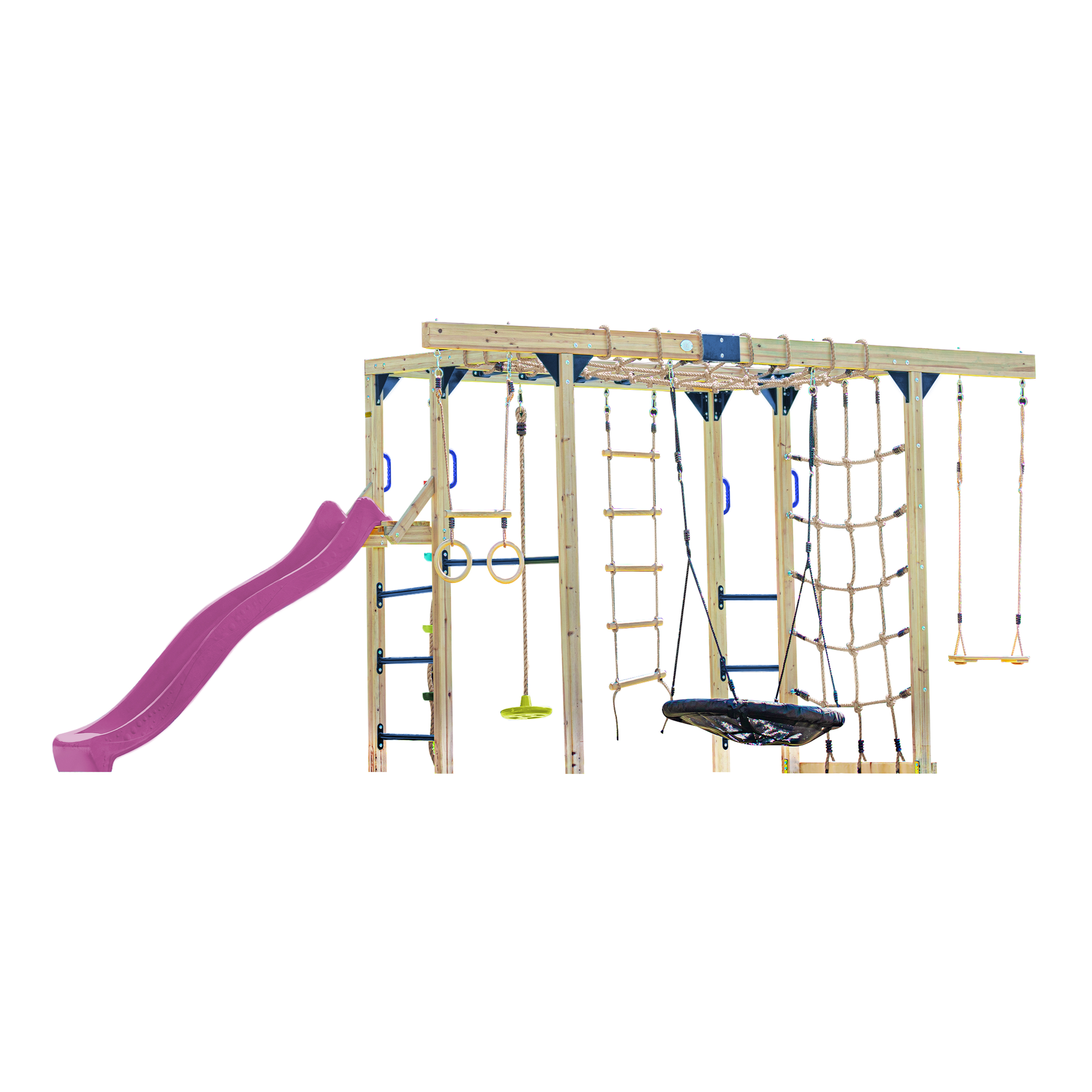 AXI Boris Wooden Playcentre with Swings, Trapeze, Climbing Nets and Monkey Bars – Purple Slide-8720365066665 AXI Boris Wooden Playcentre with Swings, Trapeze, Climbing Nets and Monkey Bars – Purple Slide